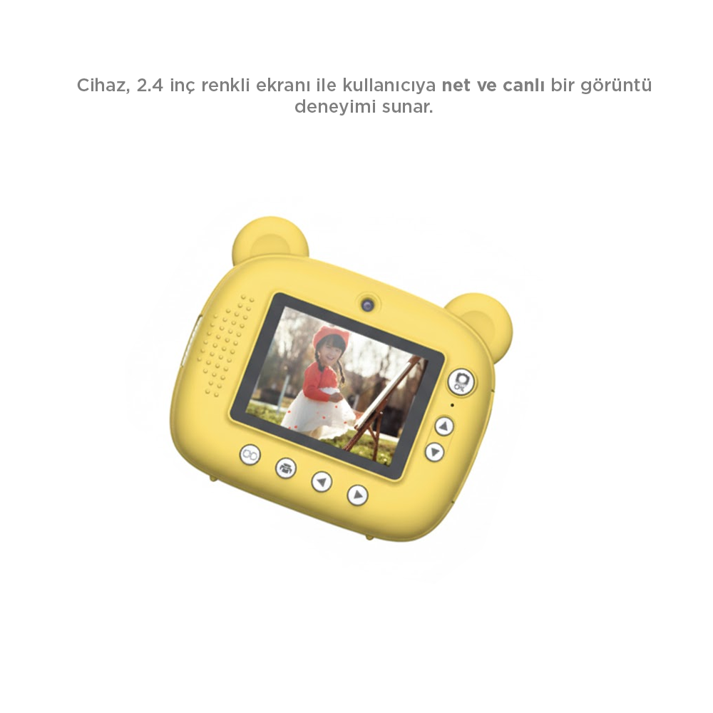 Kırmızı montlu bir kız çocuğunu gösteren bir ekranı olan, ayı şeklinde sarı bir kamera. Düğmeler ve bir lens görünür.