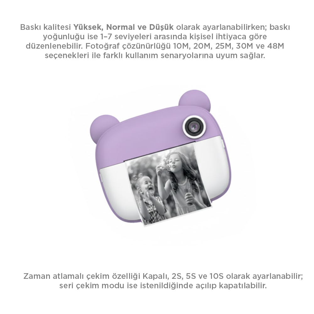 Mor ve beyaz renkli ayı şeklinde bir anında fotoğraf makinesi, iki çocuğun baloncuklarla oynadığı bir fotoğrafı basıyor. Çevresinde Türkçe metin var.
