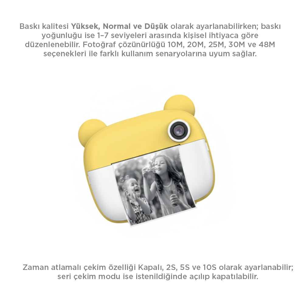İki kızın baloncuk üflediği bir fotoğrafın basılı olduğu sarı, ayı şeklinde bir kamera.