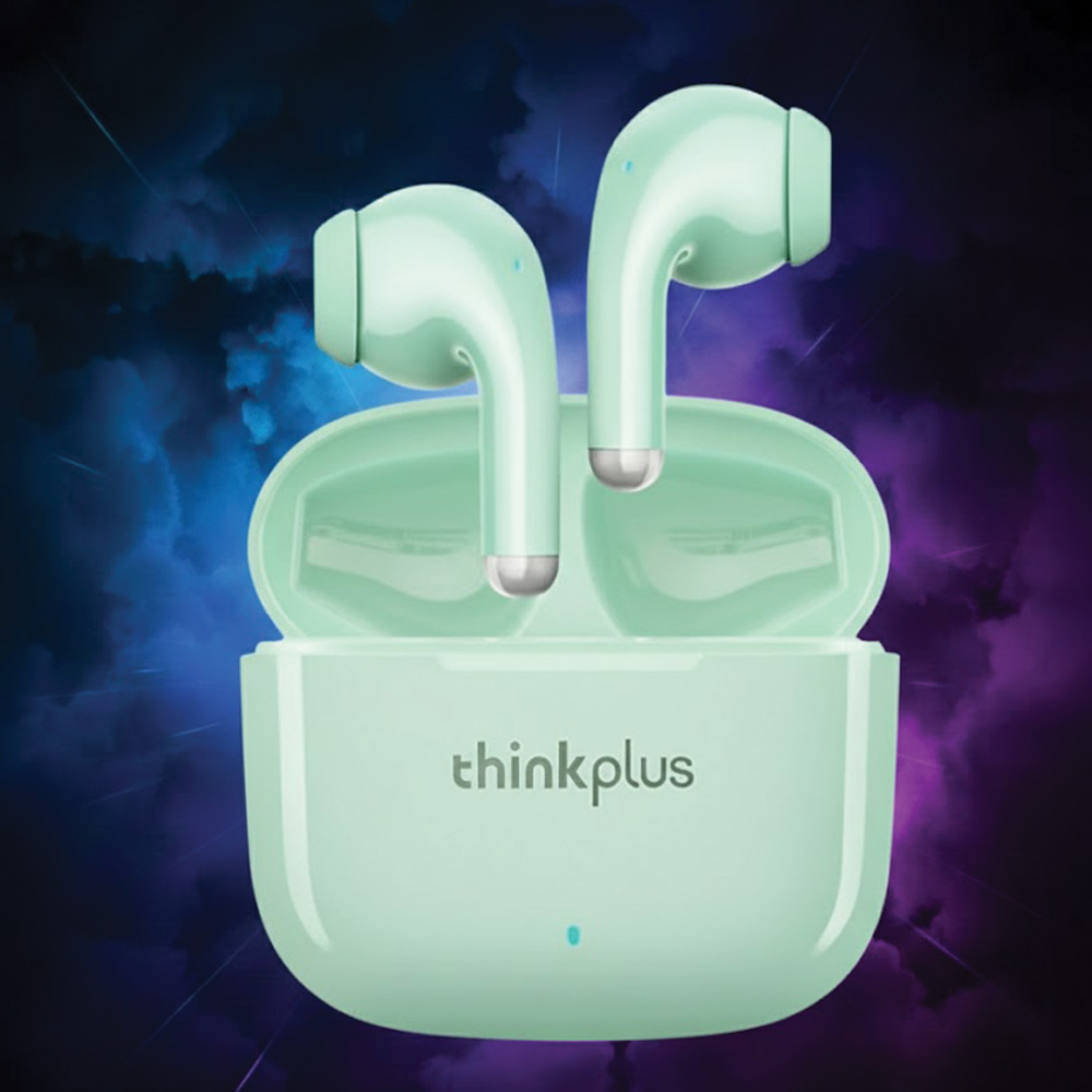 Açık şarj kutusunda, mavi ışıklı, nane yeşili thinkplus kulaklıklar. Arka plan mor ve mavinin karışımıdır.