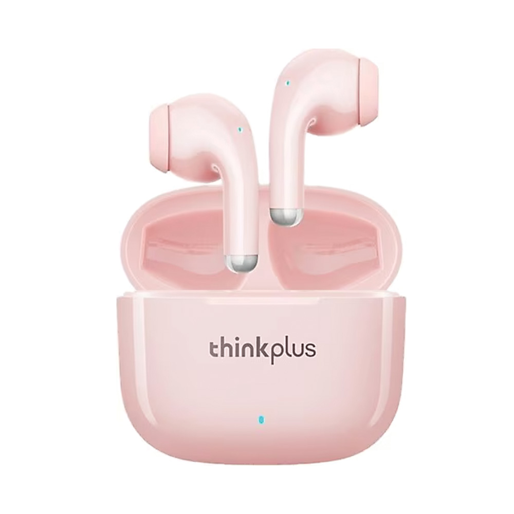 Açık bir kutu içinde pembe thinkplus kulaklıklar. İki kulaklık dik konumda, ön tarafta kutu ve kutuda mavi bir ışık var.