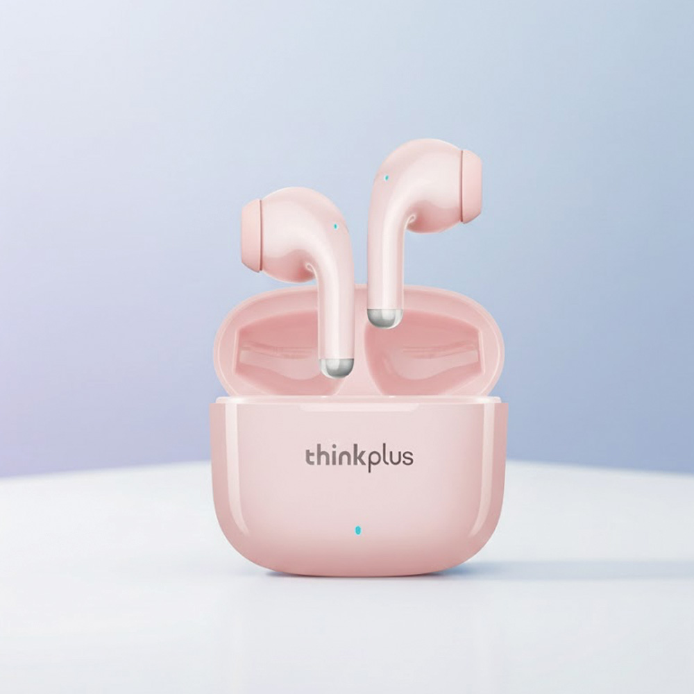 Açık bir çantada pembe Thinkplus kulaklıklar. İki kulaklık içeride ve çantada. Arka plan gradyan mavi ve mor.