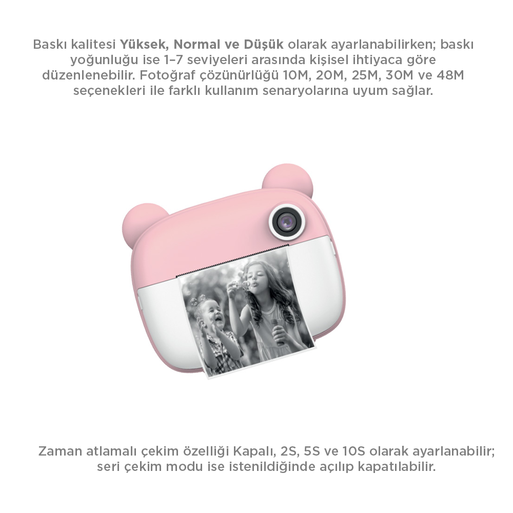 İki çocuğun fotoğrafını basan pembe ayı kulaklı kamera. Metin, baskı ayarlarını ve fotoğraf çözünürlüklerini açıklıyor.