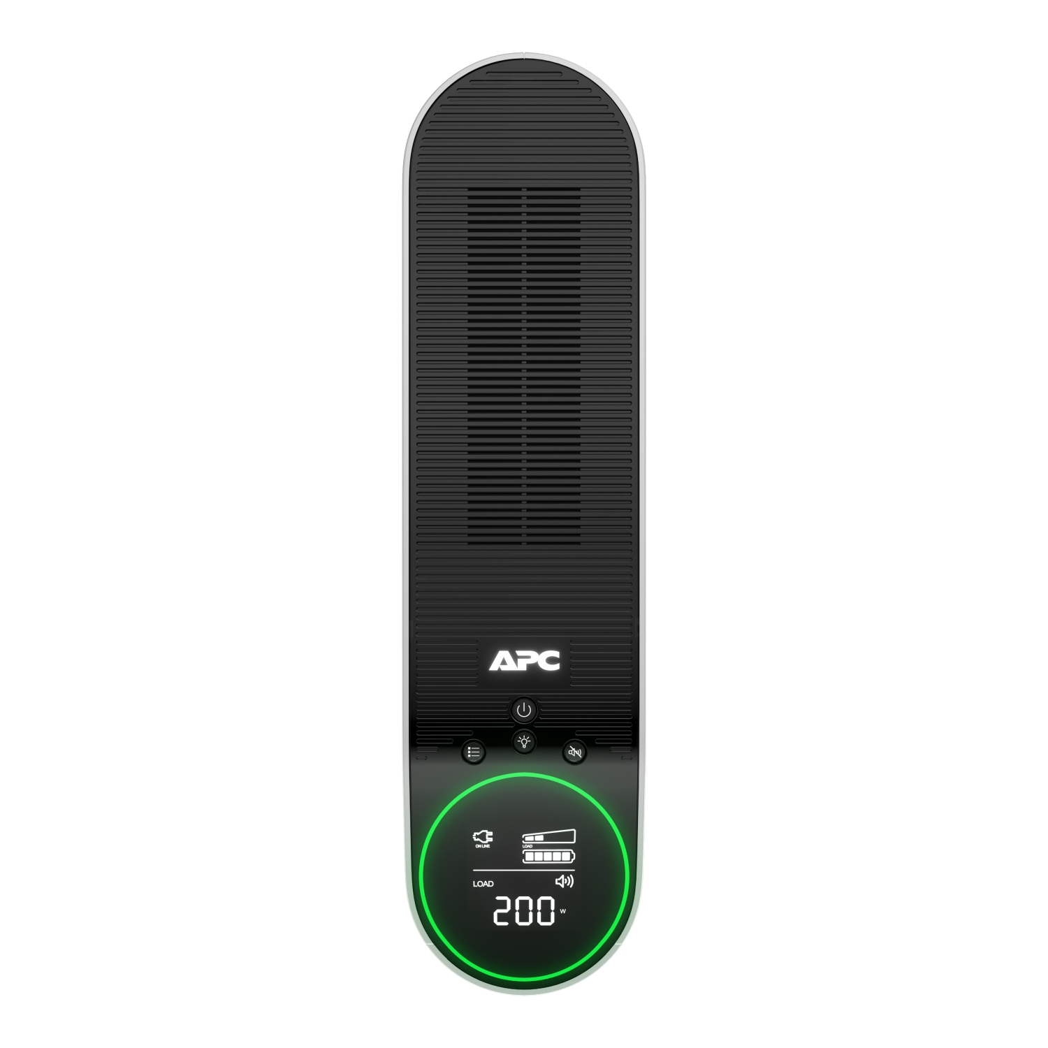 Un dispositivo UPS APC. Corpo nero e grigio con un display verde che mostra il carico e altri indicatori. Logo APC in alto.