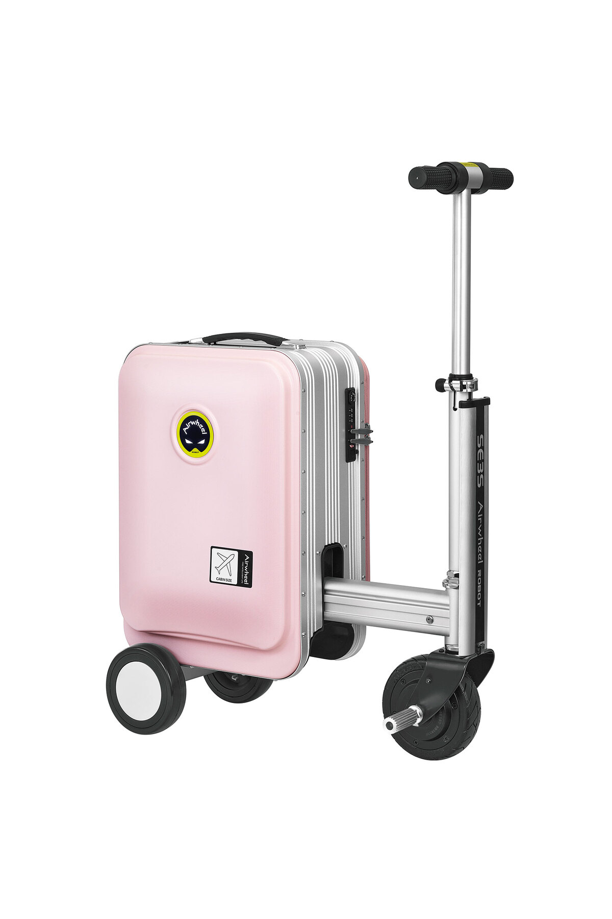 Tekerlekleri ve scooter gidonu olan pembe bir bavul. Bavulun üzerinde 'Airwheel' logosu var ve kabin boyutu.