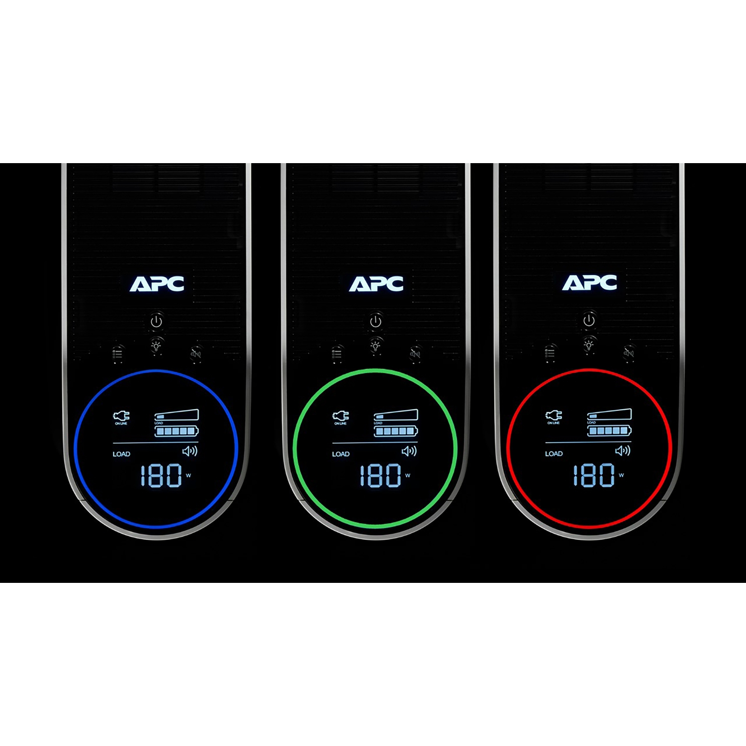 Tre dispositivi UPS APC affiancati. Ciascuno mostra un display con '180W' e un anello colorato: blu, verde e rosso.