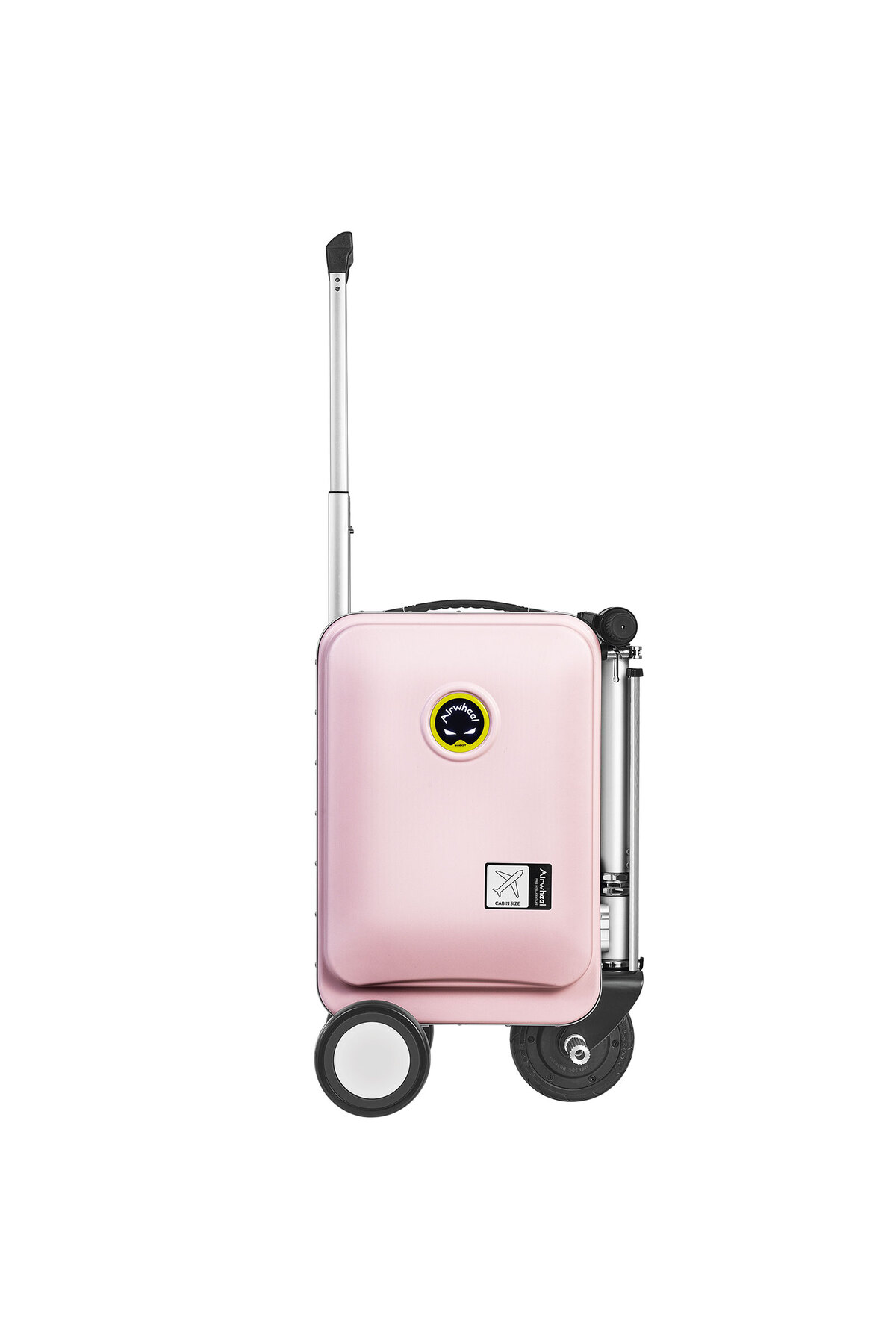 Pembe Airwheel kabin tipi bavul, geri çekilebilir saplı. İki tekerleği, bir logosu ve kabin boyutu etiketi var.
