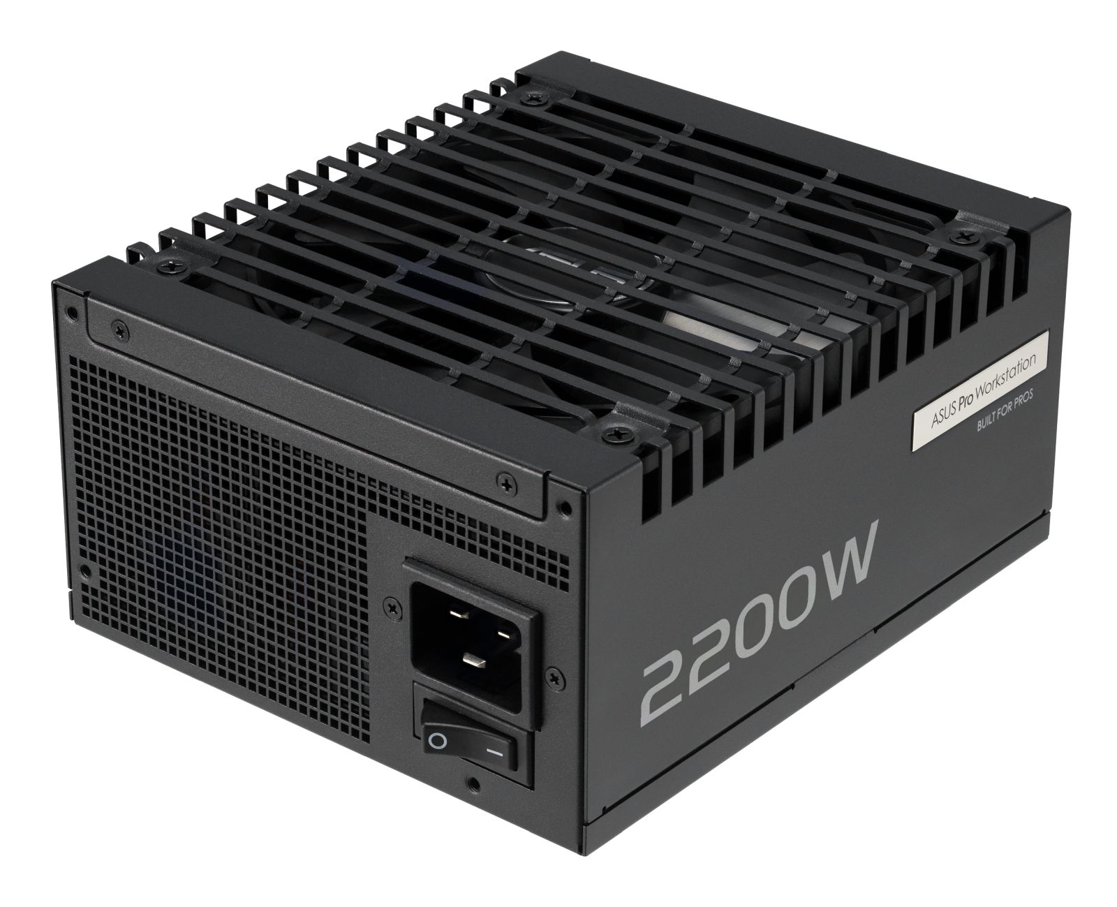 Siyah ASUS Pro Workstation güç kaynağı. Üstte bir havalandırma deliği, bir güç portu ve bir anahtar var. Model 2200W.