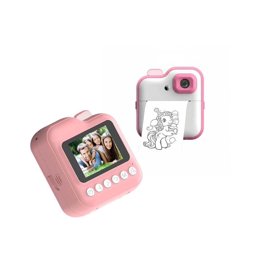 İki pembe ve beyaz kamera. Biri aile fotoğrafı gösterir, diğeri bir unicorn çizimi yazdırır.