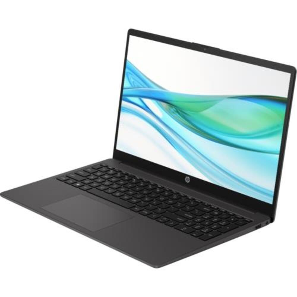 Siyah bir HP dizüstü bilgisayar açılı olarak görüntüleniyor. Ekran mavi ve yeşil soyut dalgalar gösteriyor. Klavye görünür durumda.