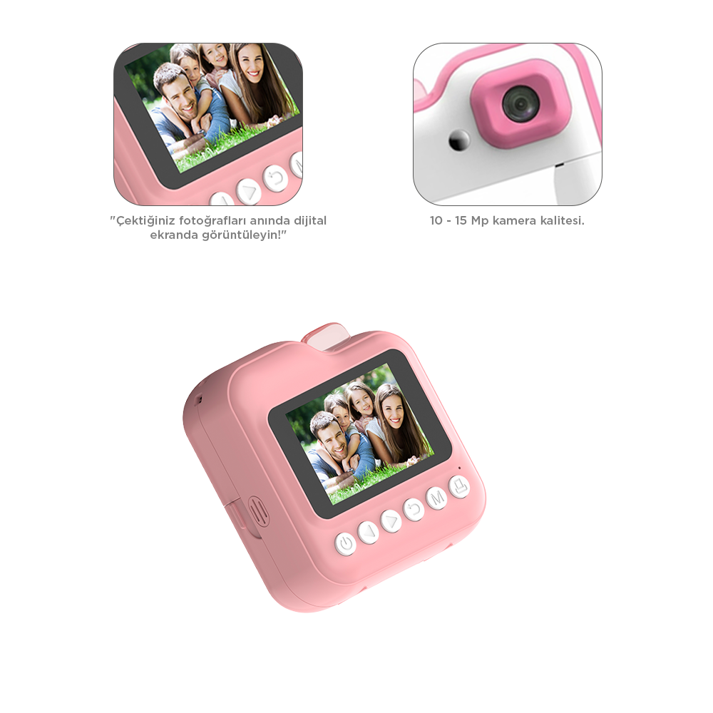 Ekranında aile fotoğrafı görünen pembe bir dijital kamera. Metin, anında görüntülemeyi ve 10-15 MP kalitesini belirtir.