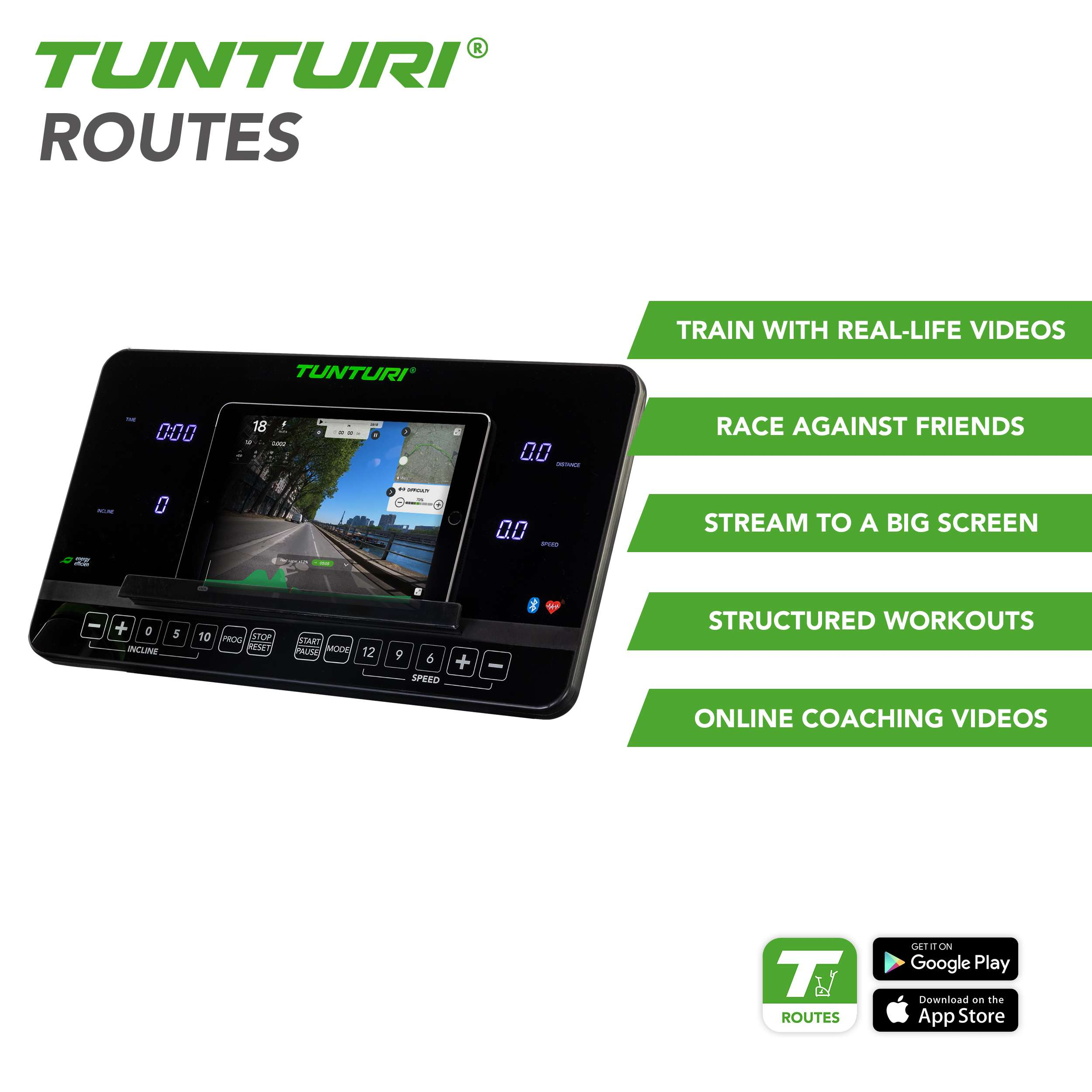 Tunturi Routes loopband met een scherm dat een wegweergave toont, vergezeld van tekstopties zoals 'Train met echte video's'.