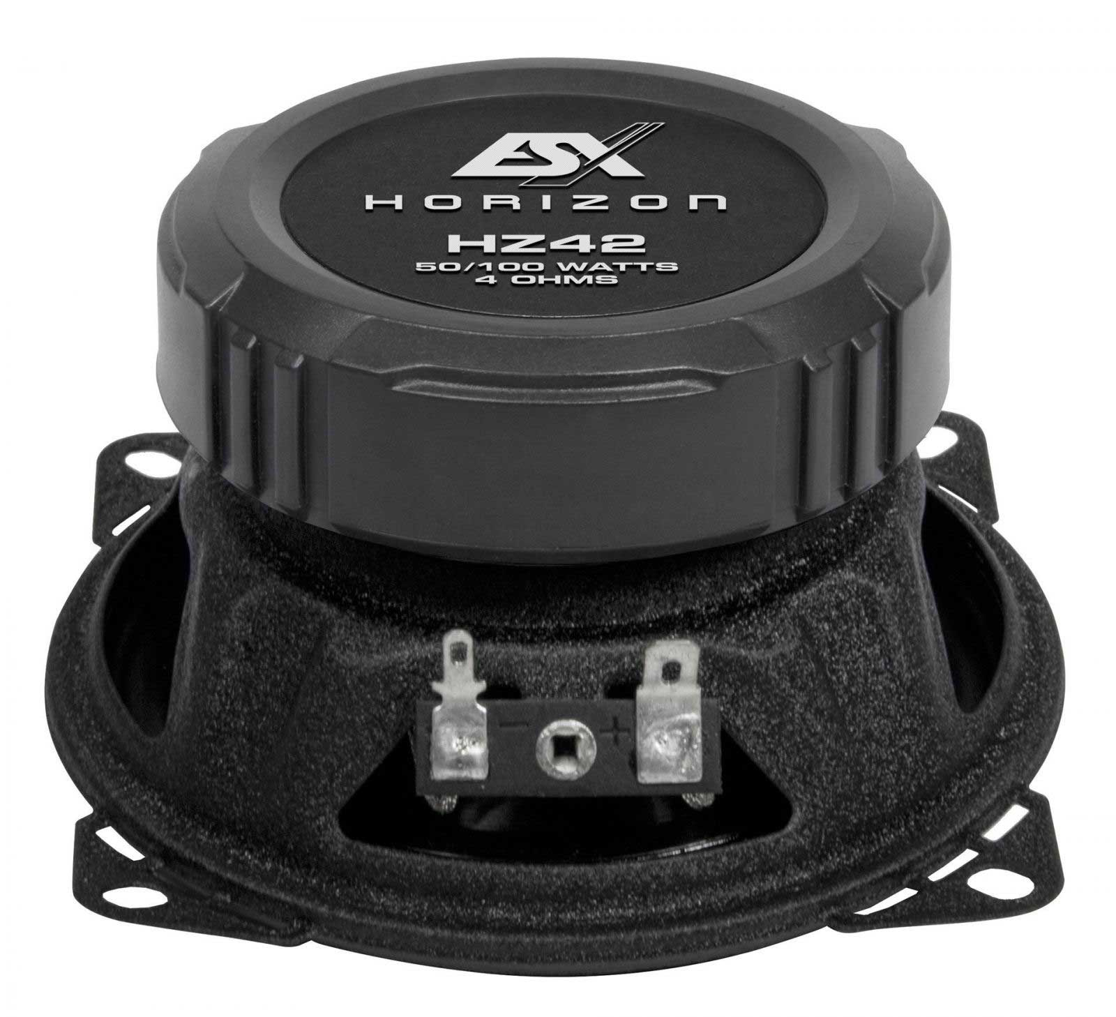Schwarzer Lautsprecher mit SX Horizon Logo, Modell HZ42 und 50/100 Watt, 4 Ohm. Er hat Anschlussklemmen und Befestigungslöcher.