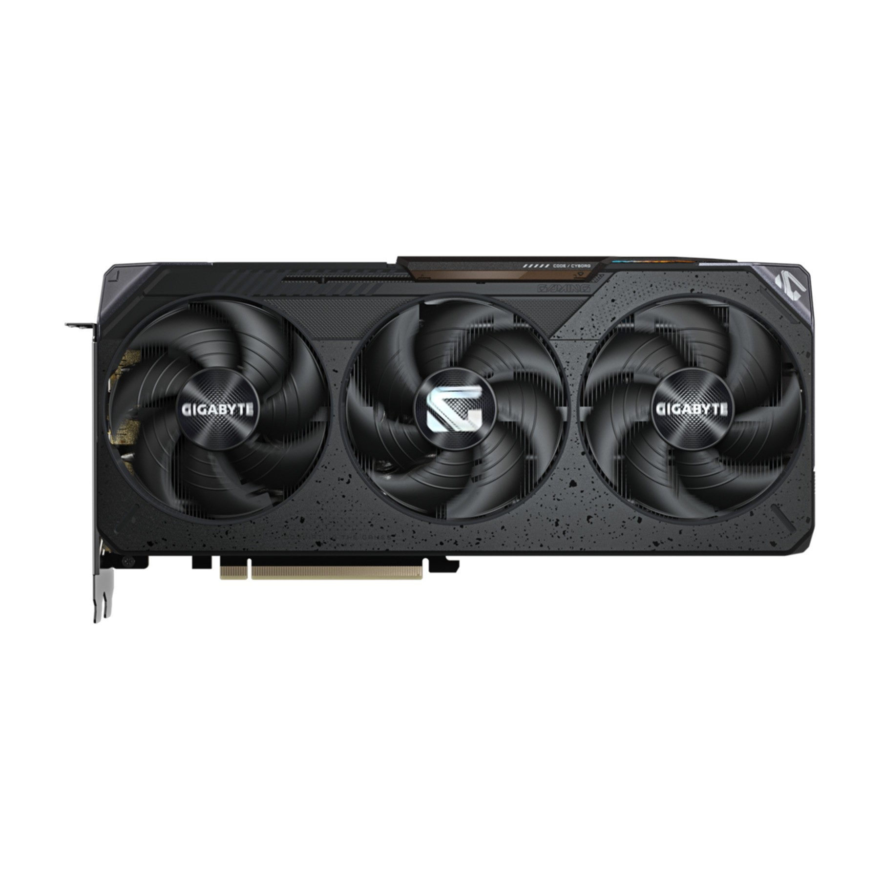 A black Gigabyte graphics card with three fans. The card features the Gigabyte logo and a design with black textures.