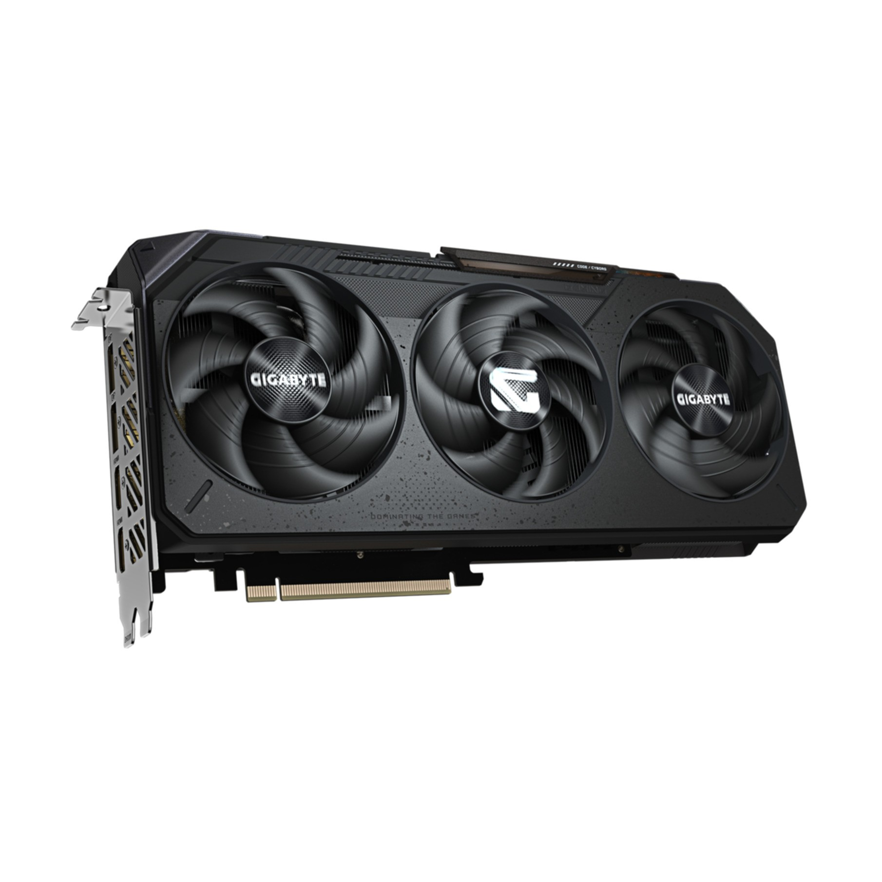 A black Gigabyte graphics card with three fans. The card is on a white background.