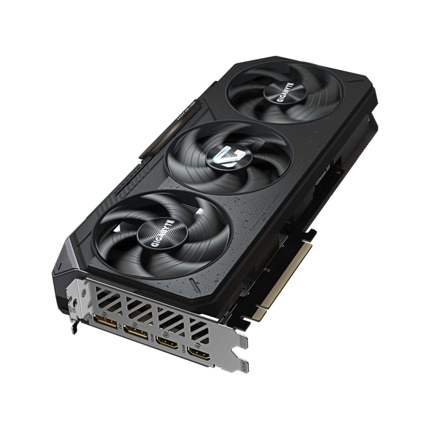 A black Gigabyte graphics card with three fans. The card is angled, showcasing the fans and ports. The background is white.