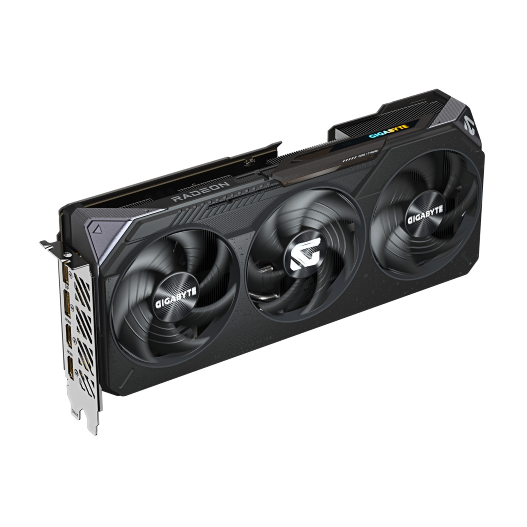 A black and silver Gigabyte Radeon graphics card with three fans. The card has Radeon branding.
