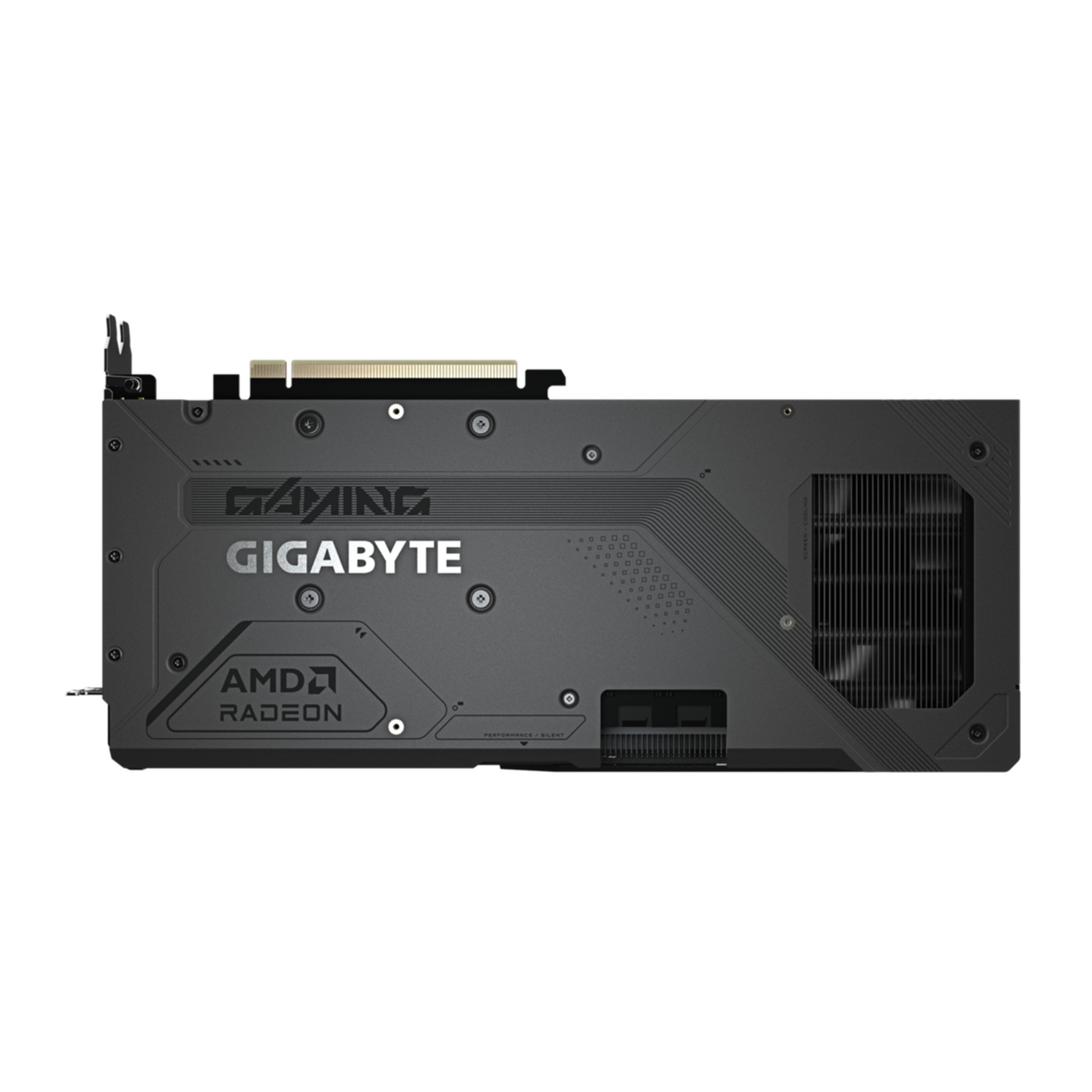 A black and gray graphics card. It has the Gaming Gigabyte logo, AMD Radeon, and a cooling system.