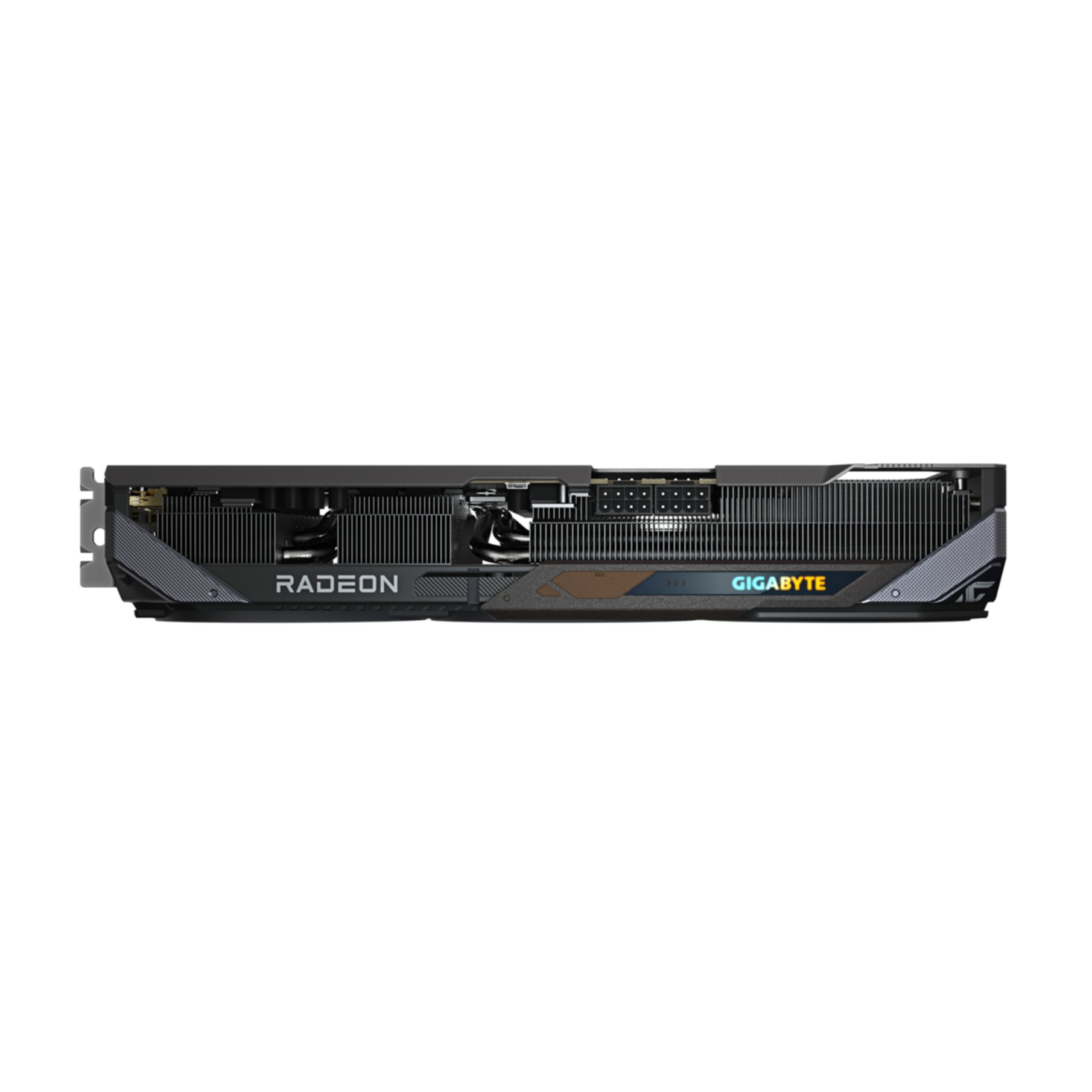 A graphics card, black with Radeon and Gigabyte logos. It has multiple vents and a metallic finish.