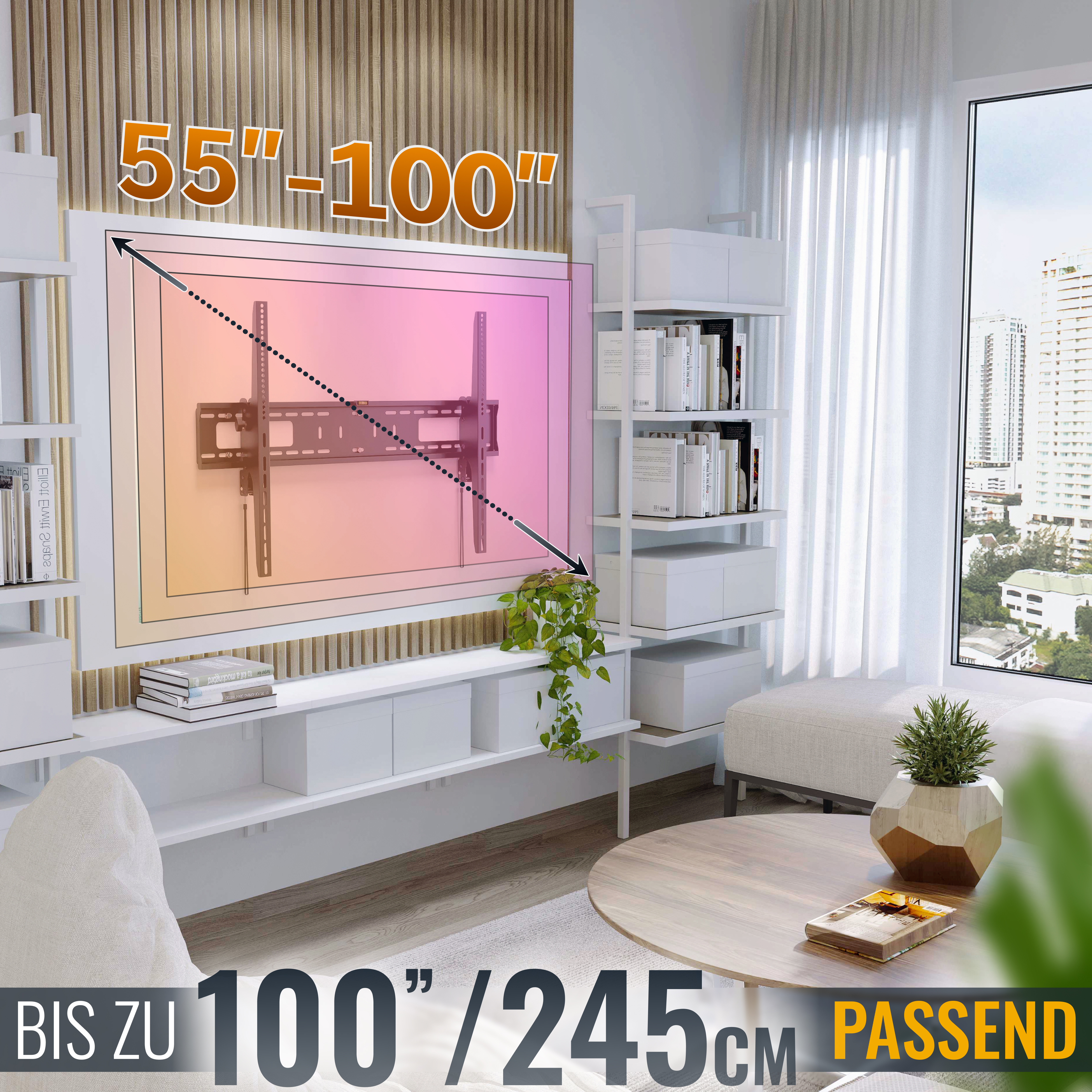 Ein Wohnzimmer mit einem an der Wand montierten Fernseher. Regale links und rechts. Ein Couchtisch und Sofa vorne.