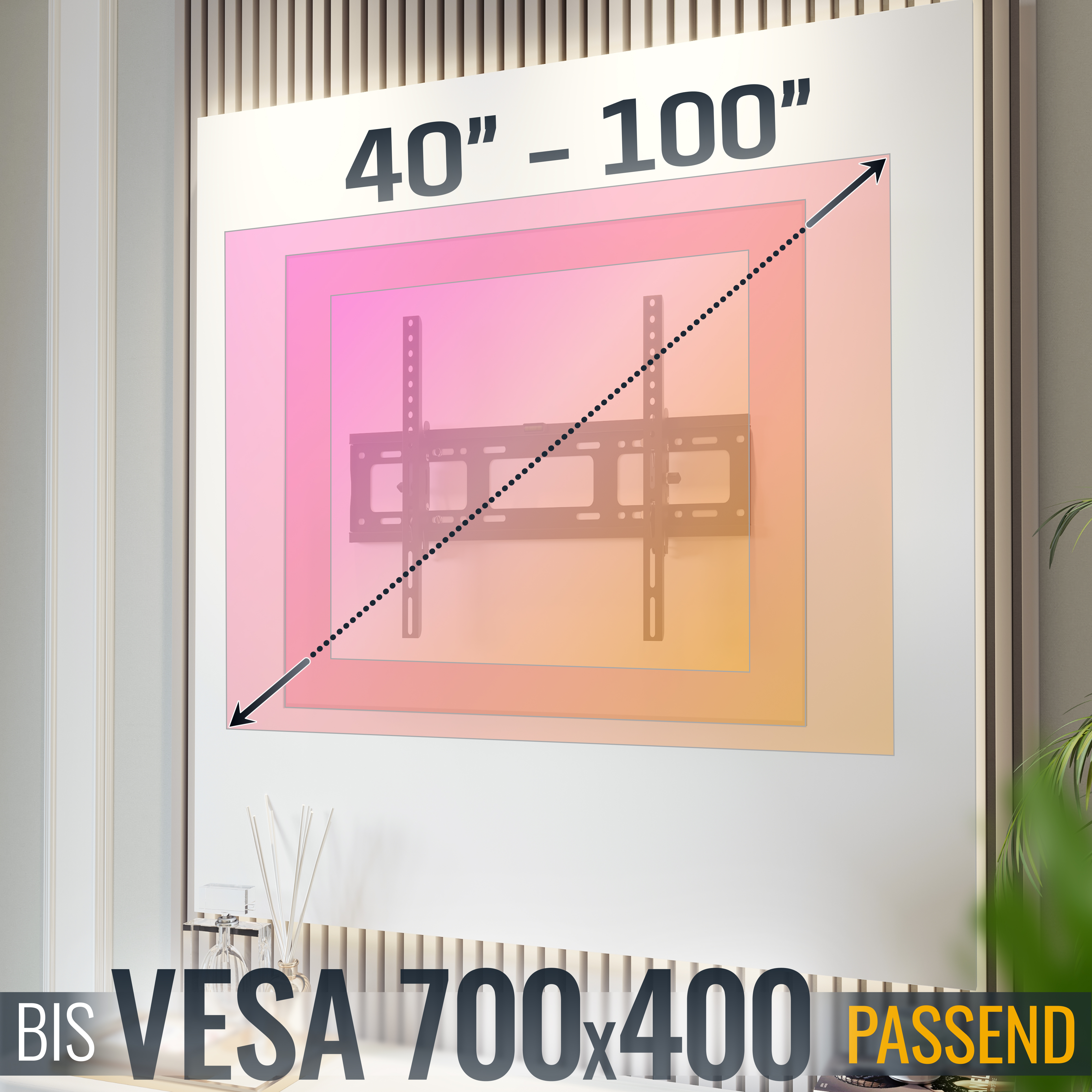 Un supporto a parete per TV da 40-100 pollici, VESA 700x400. Include testo e diagramma.