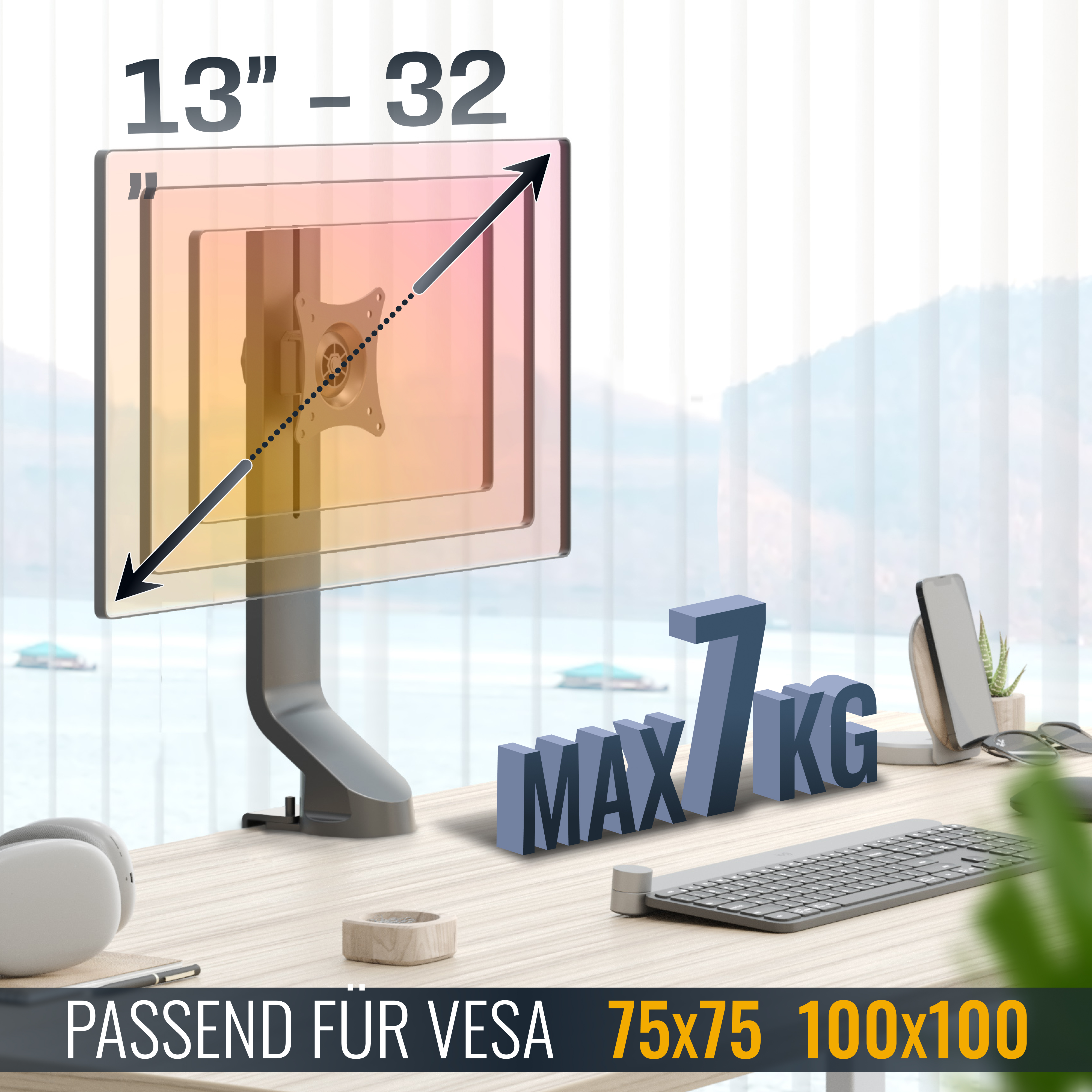 Eine Monitorhalterung mit einem Bildschirmgrößenbereich von 13-32 Zoll, max. 7 kg. VESA 75x75 und 100x100. Andere Artikel auf dem Schreibtisch.