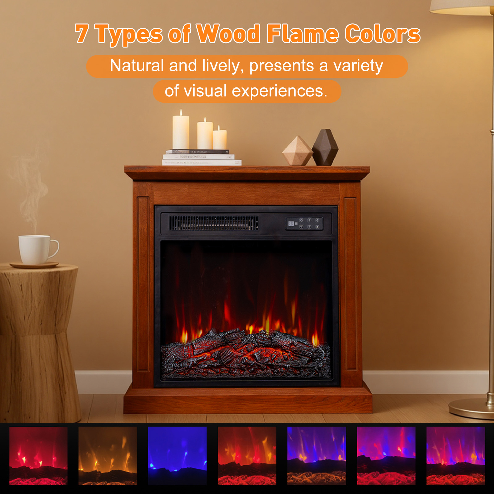 Une cheminée avec 7 options de couleur de flamme, des bougies et des objets décoratifs. Une tasse de café sur une table en bois.