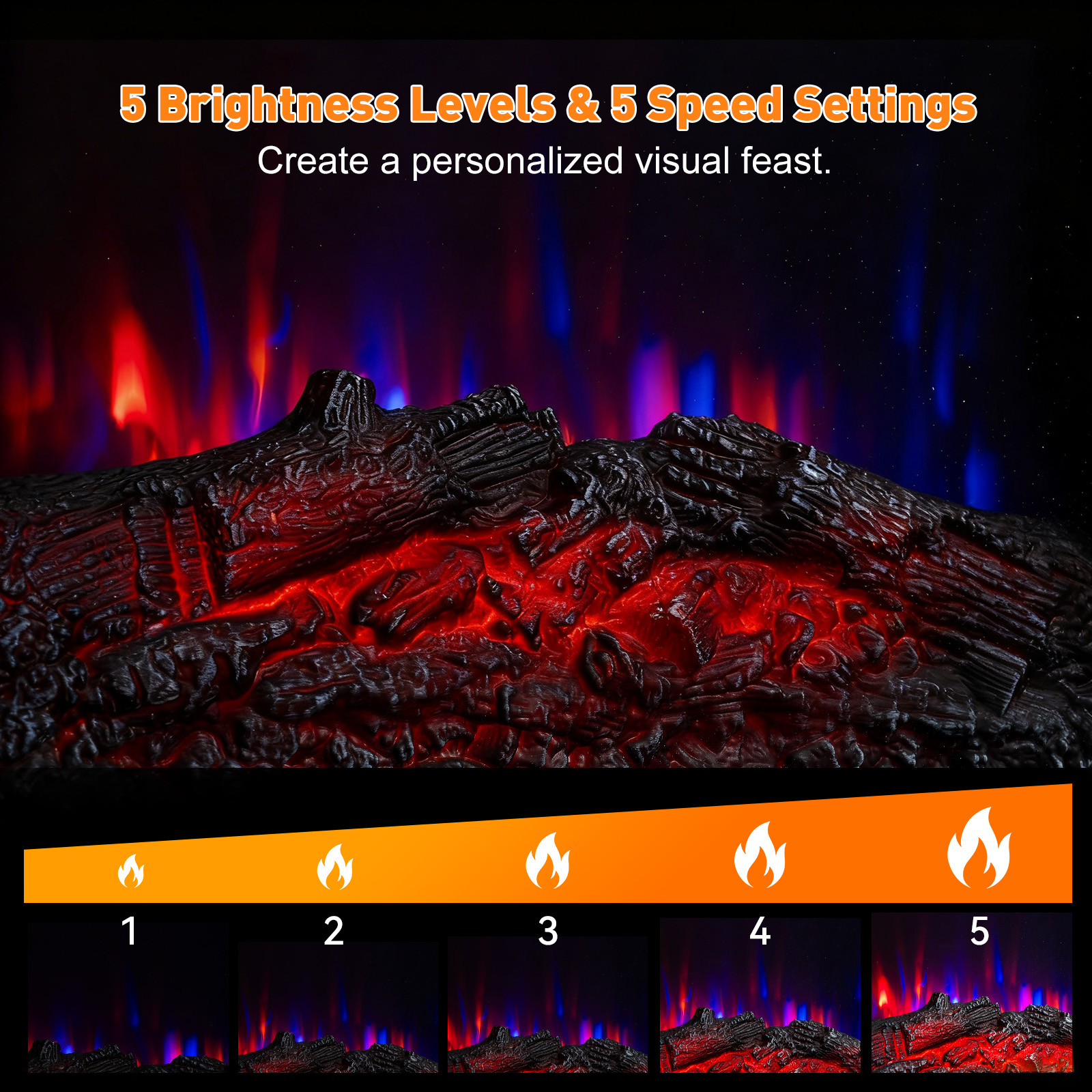 Un graphique de cheminée avec des réglages de luminosité et de vitesse réglables. Il affiche une bûche avec des flammes rouges, bleues et oranges.