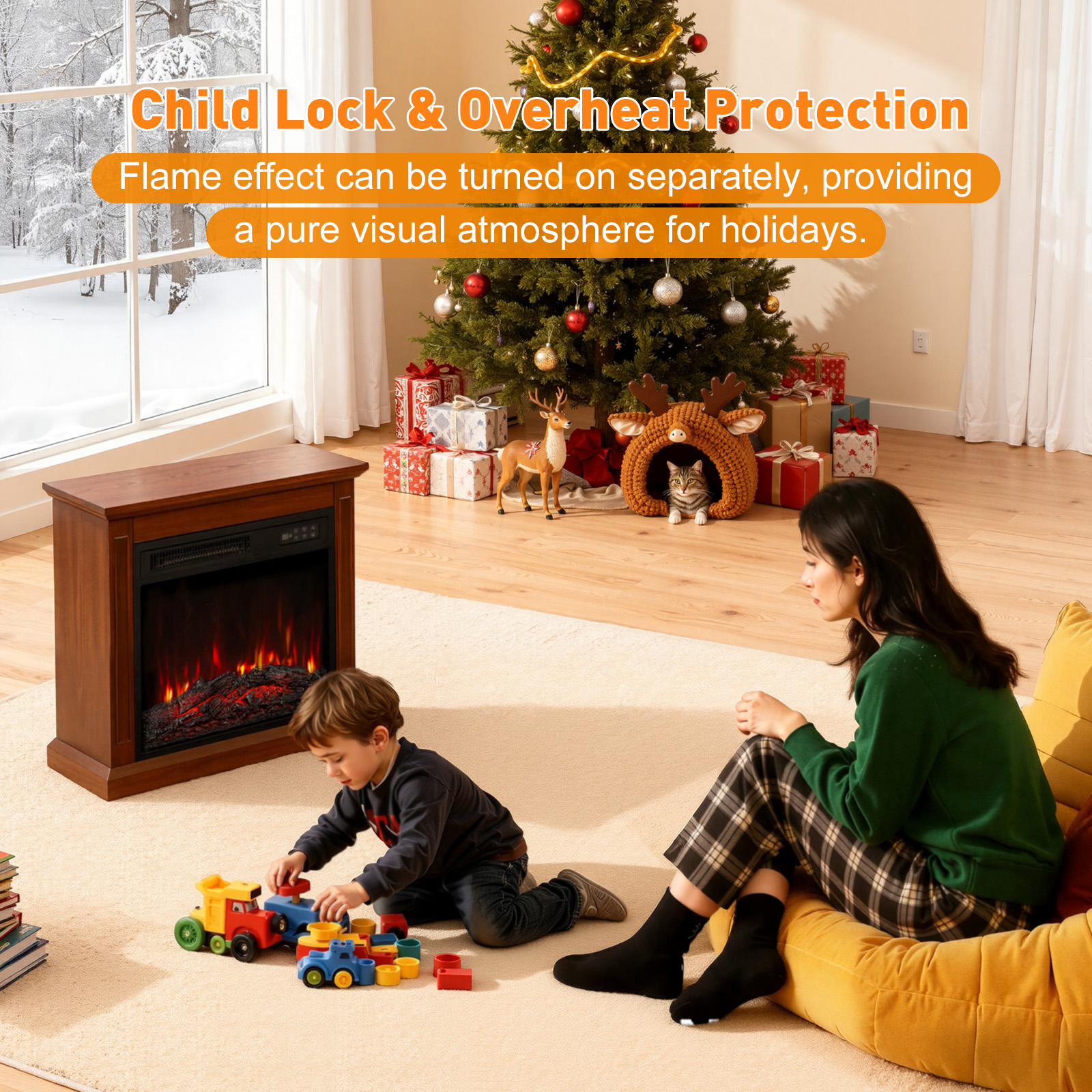 Une famille dans un salon avec des décorations de Noël. Un enfant joue avec des jouets près d'une cheminée.