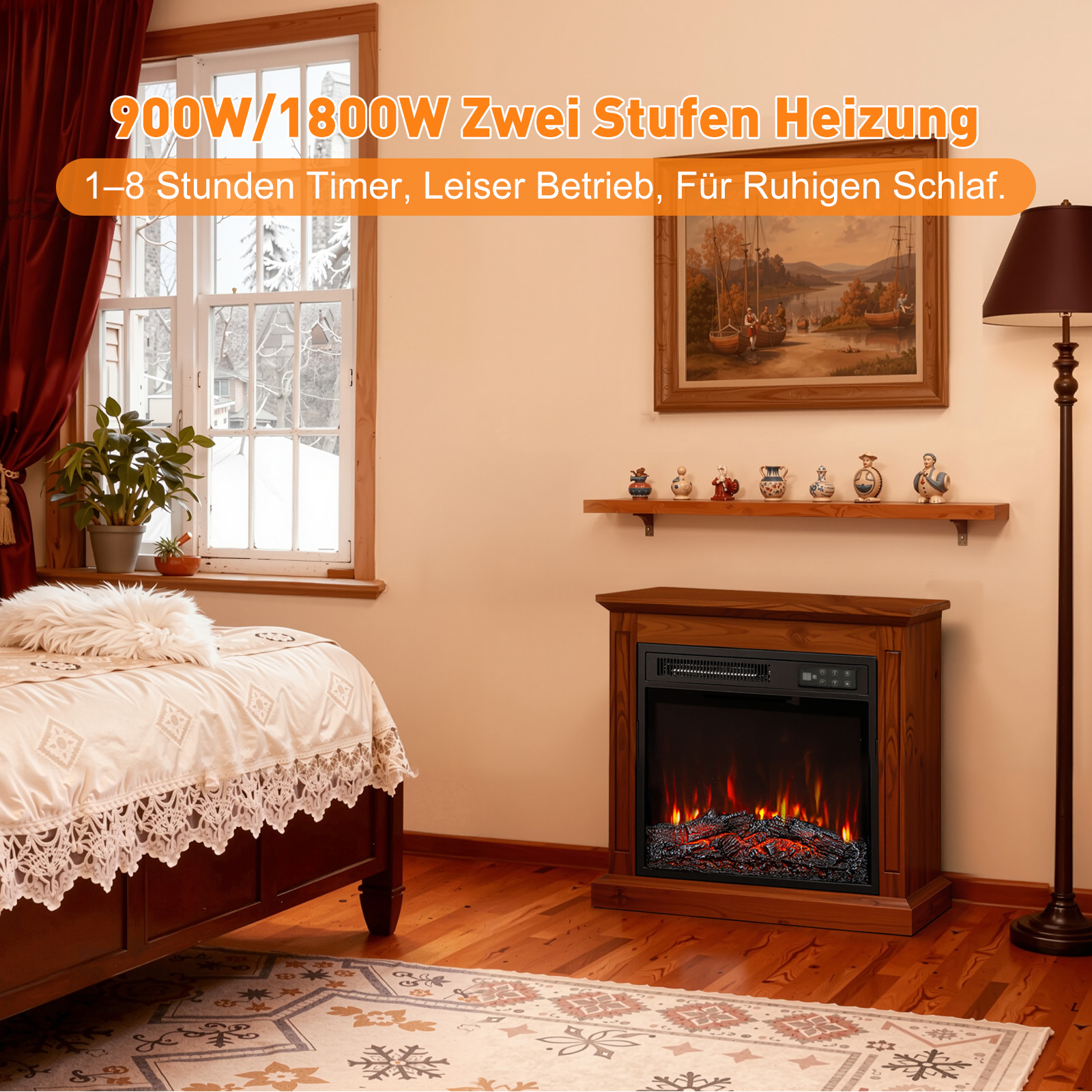 Ein Schlafzimmer mit Bett, Kamin, Fenster, Gemälde, Lampe und Teppich. Der Kamin hat einen Feuereffekt.