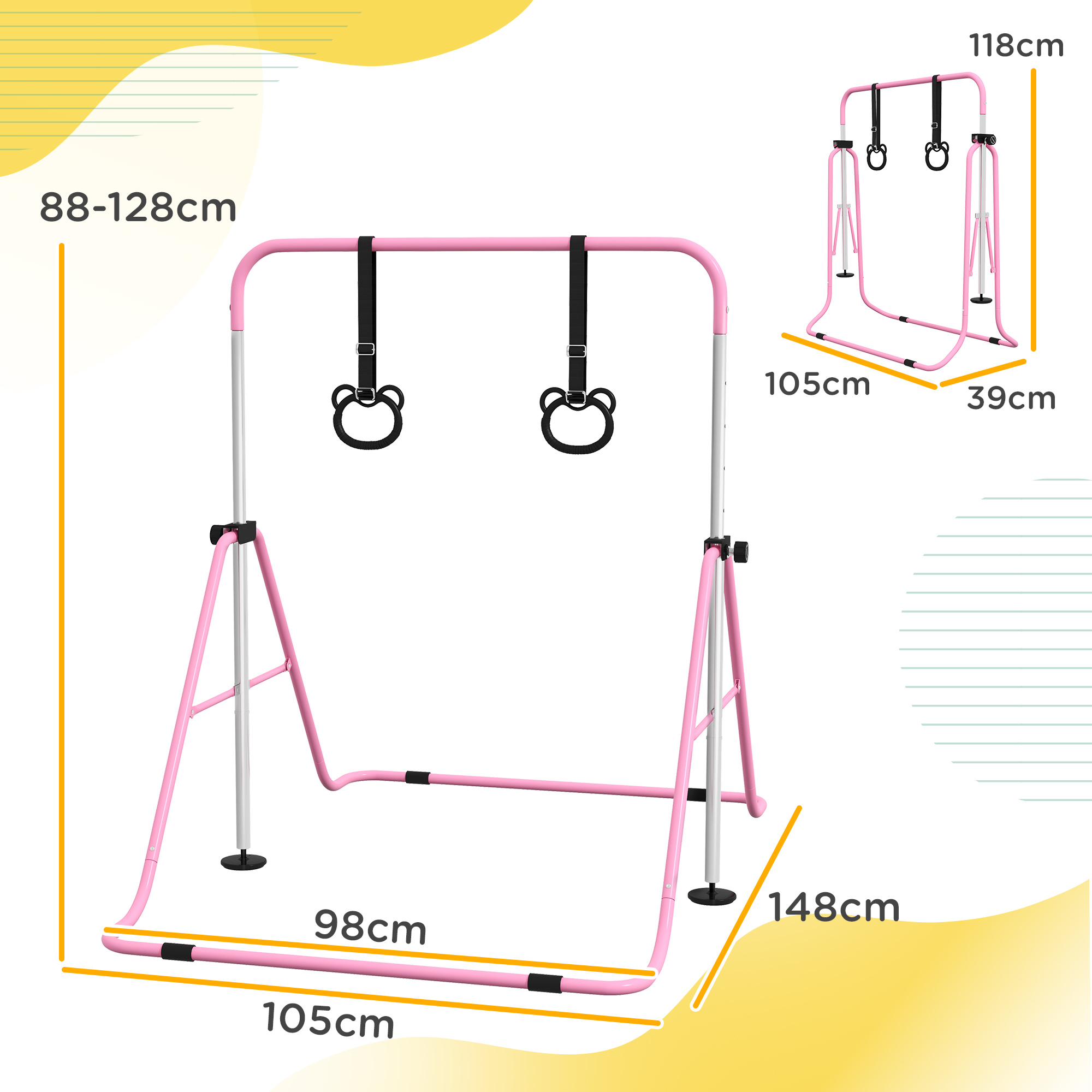 Una sbarra ginnica rosa con anelli neri. Ha misure in cm. Lo sfondo è bianco e giallo.