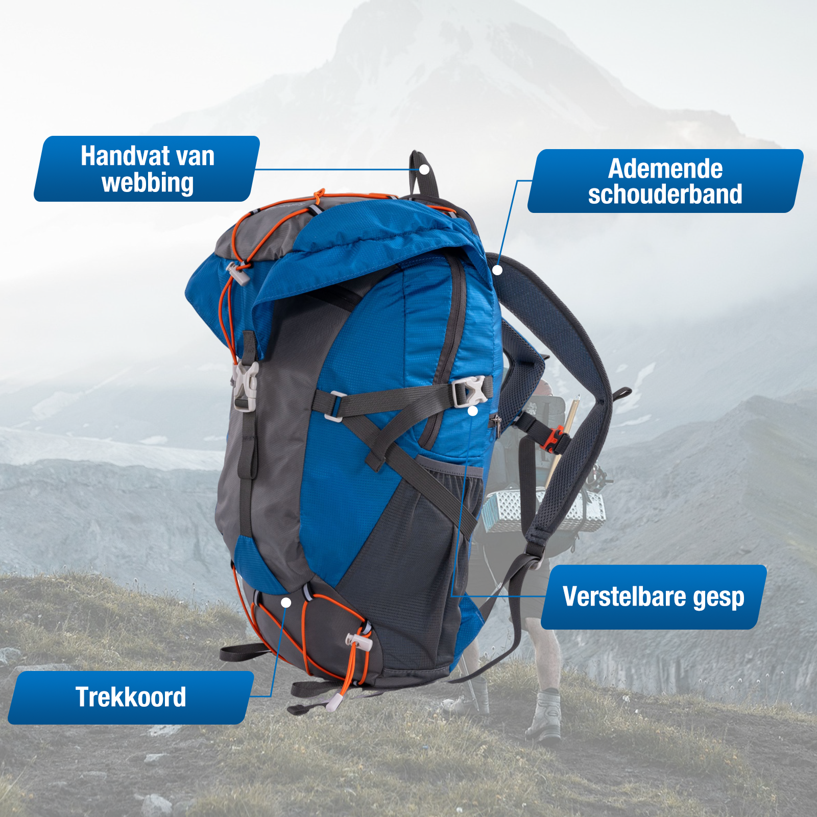 Blue and gray backpack with orange accents. Features include adjustable straps and a trekking cord. Background: mountain scene.