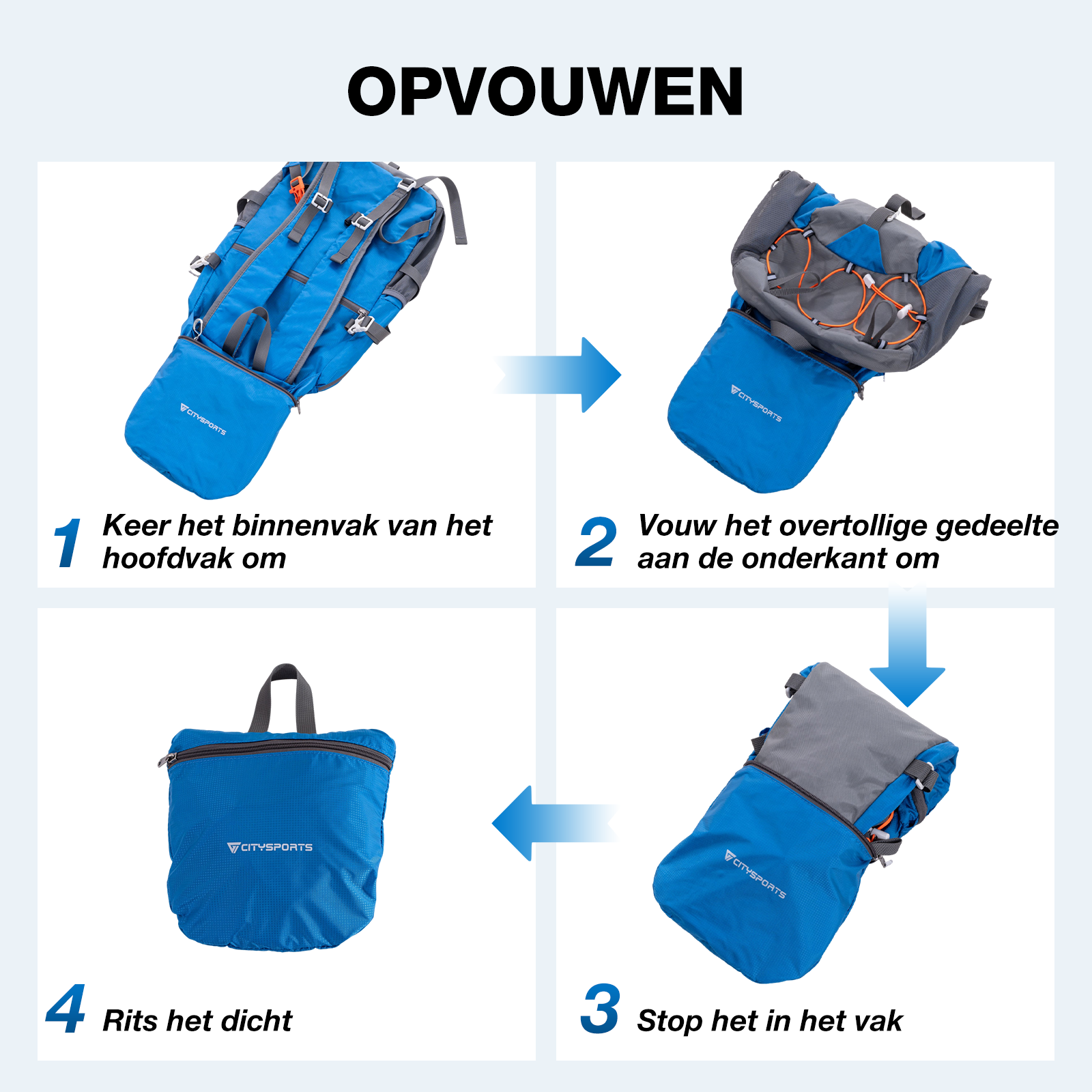 Steps to fold a blue backpack. The process includes turning the pocket, folding, stuffing, and zipping.