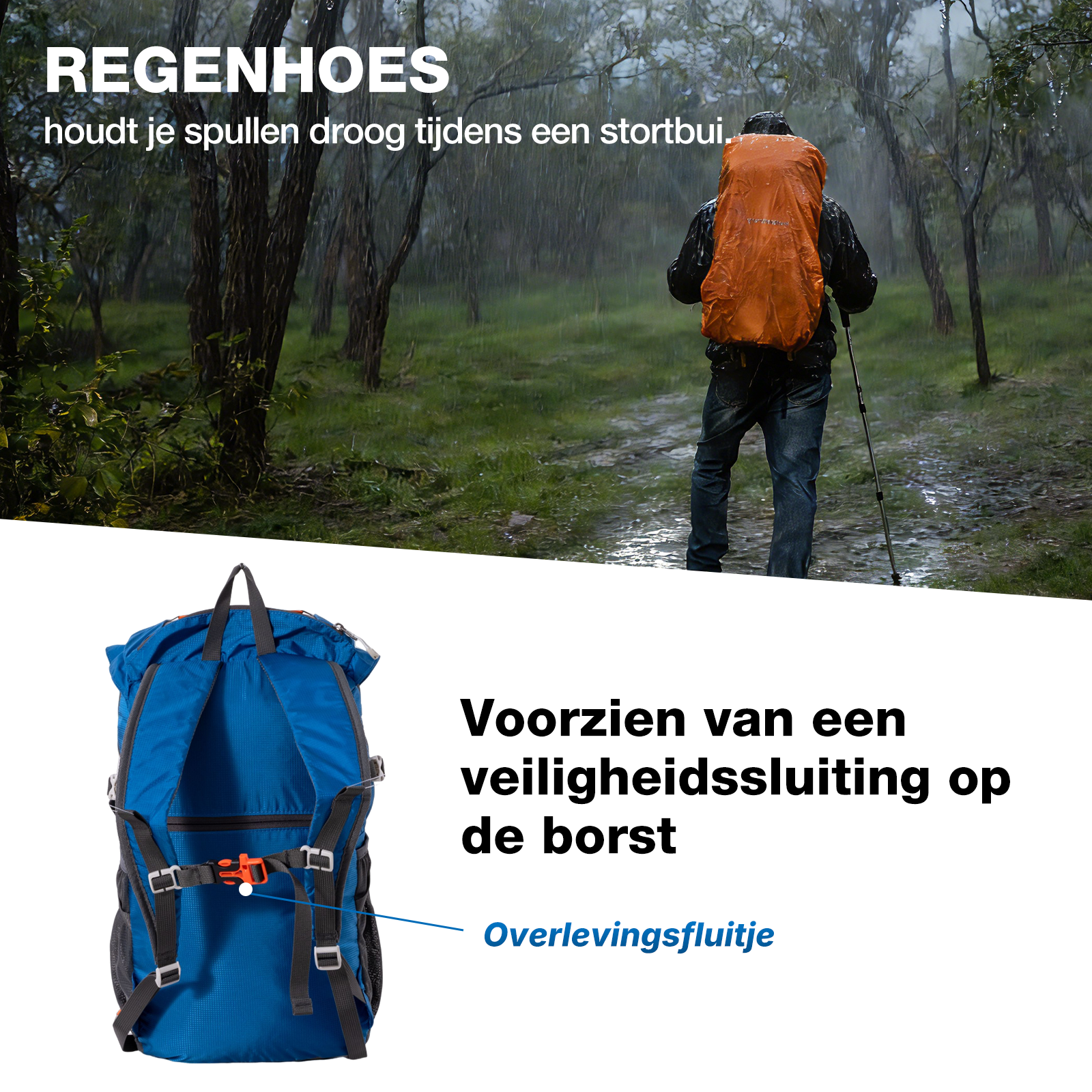 Man hiking in rain with orange backpack. Blue backpack in the foreground. Text: REGENHOES, houdt je spullen droog.