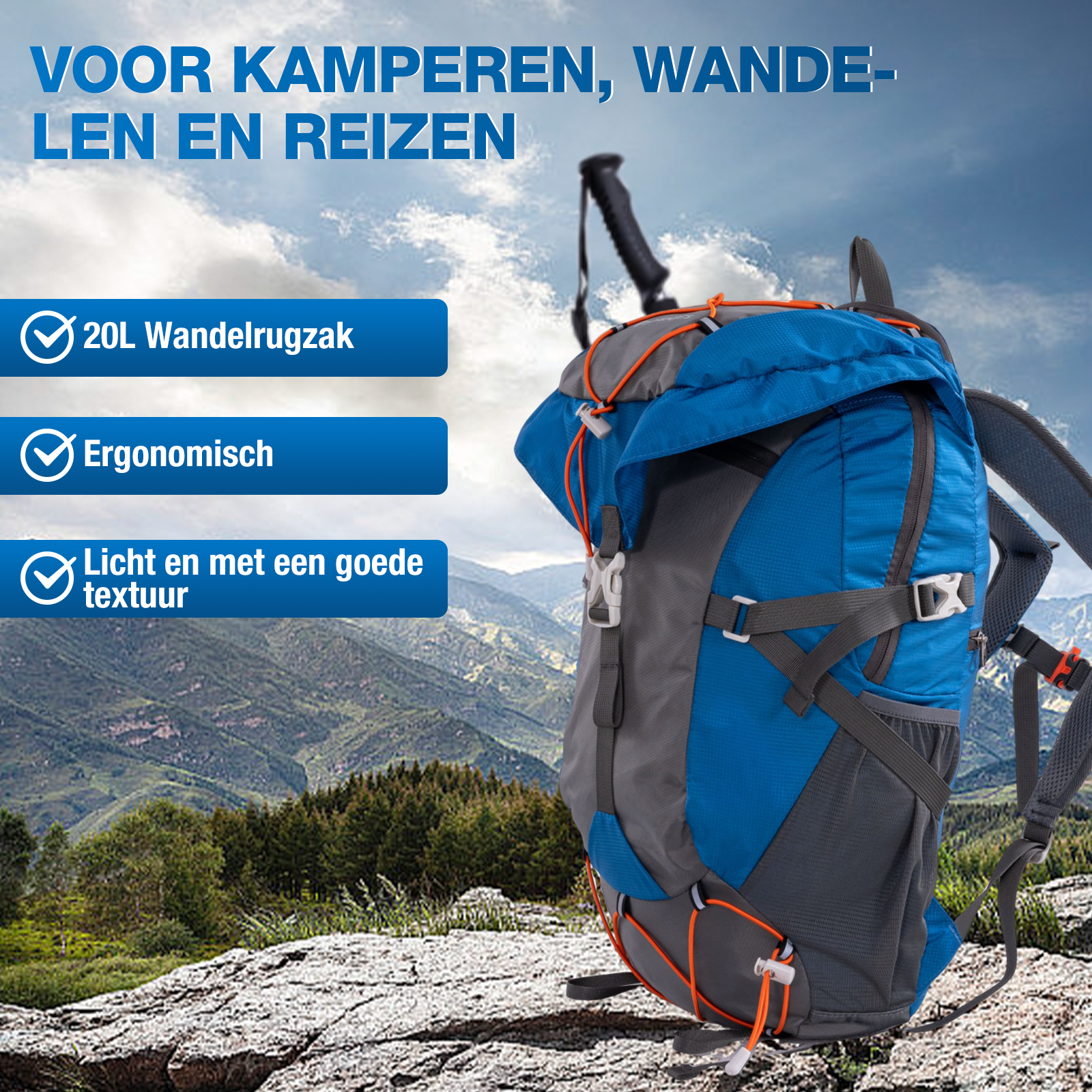 Blue and gray backpack with orange accents on a rocky surface, mountains in background, and text about camping.