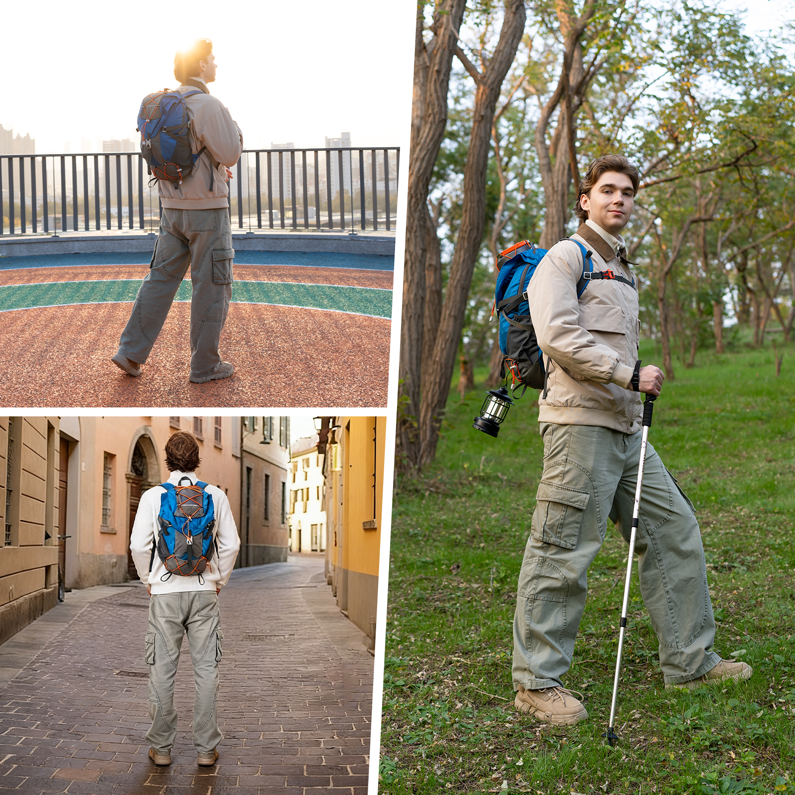 Mężczyzna z plecakiem wędruje w różnych miejscach. Nosi spodnie cargo i kurtkę. Jedna scena pokazuje latarnię.