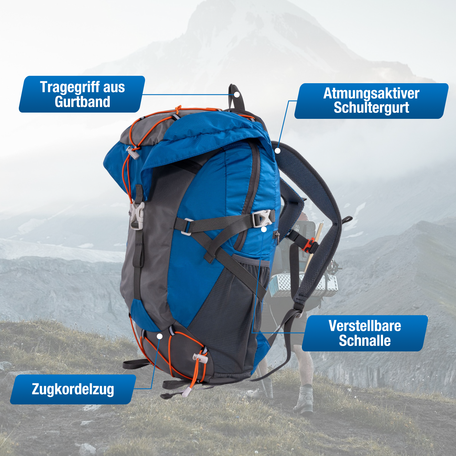 Ein blauer und grauer Rucksack mit orangefarbenen Akzenten. Merkmale sind Griff, Schultergurte, verstellbare Schnalle und Kordelzug.