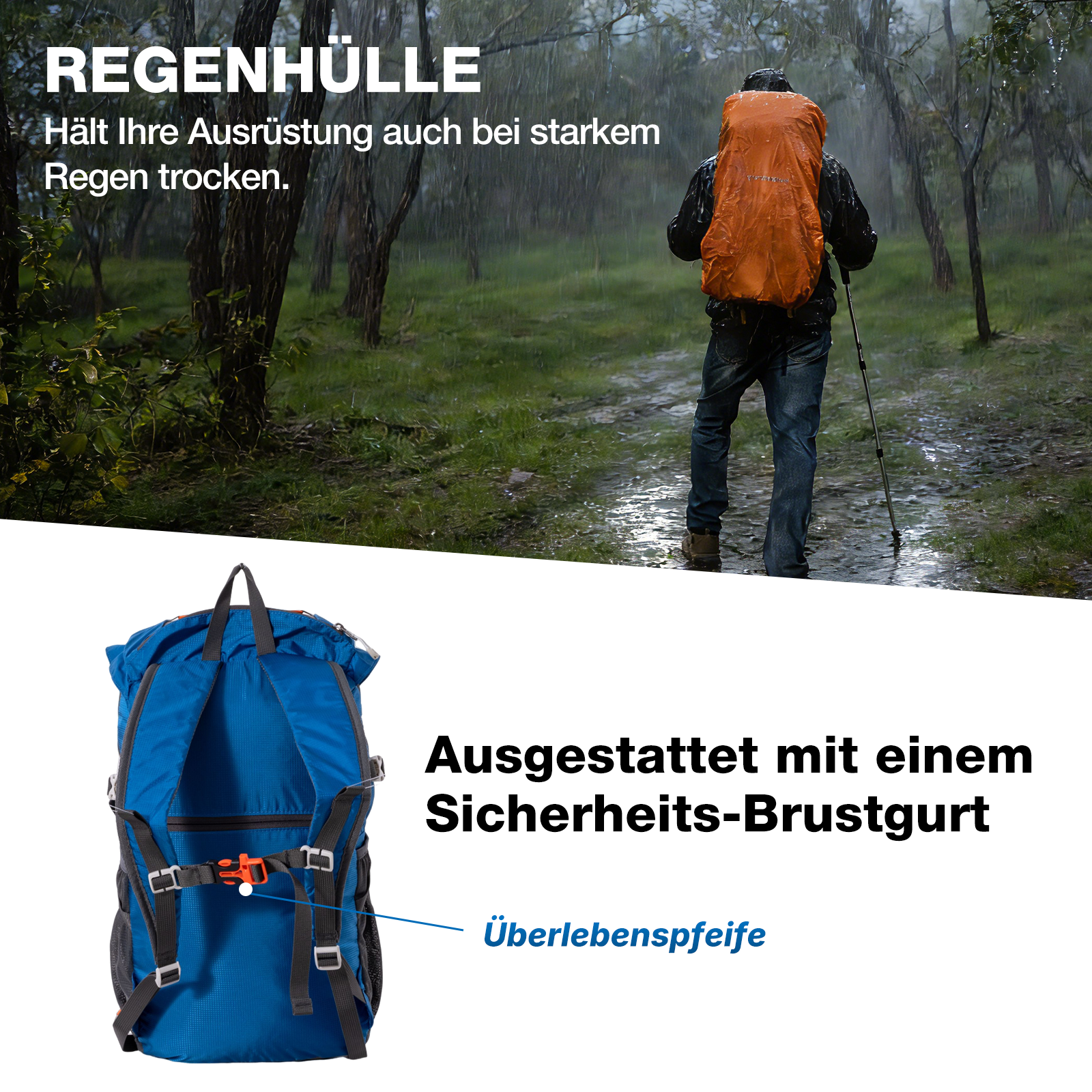 Eine Person wandert im Regen und trägt eine orangefarbene Rucksackhülle. Ein blauer Rucksack mit Überlebenspfeife ist ebenfalls abgebildet.