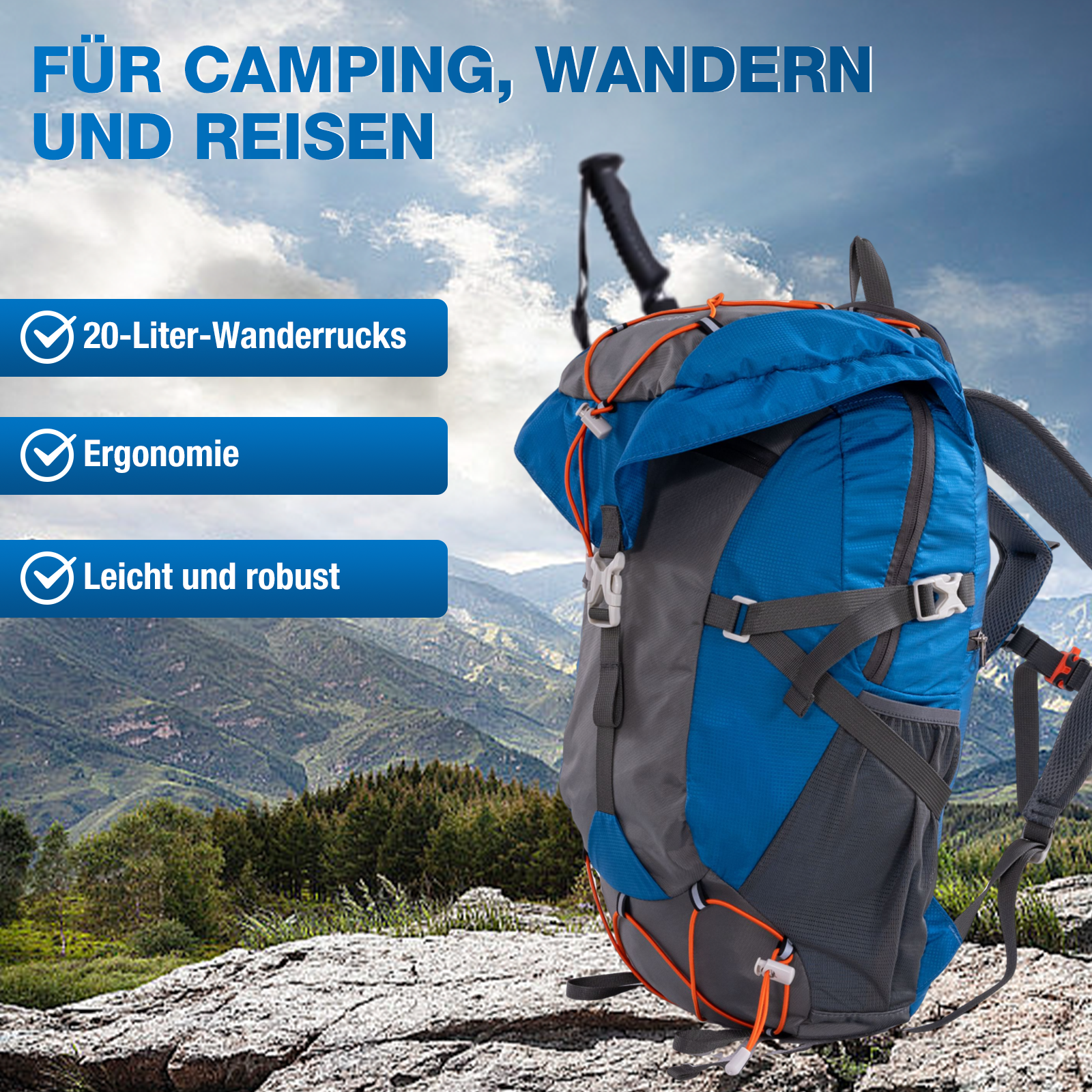 Blauer und grauer Wanderrucksack auf einem Felsen. Text: Camping, Wandern, Reisen. Merkmale: 20L, ergonomisch, leicht und robust.