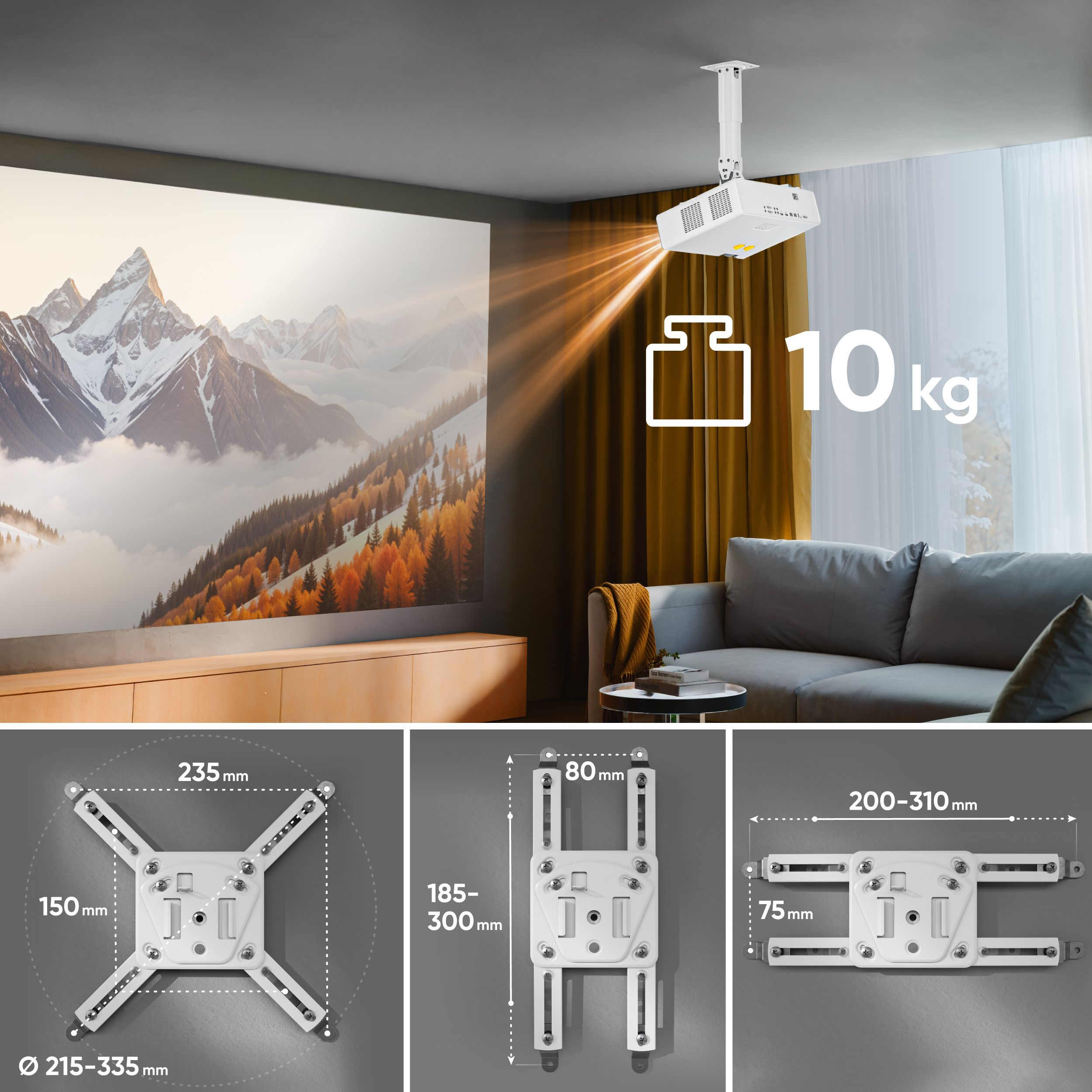 Un proiettore è montato a soffitto. Sotto, un divano, un'immagine di montagna e diagrammi di montaggio.