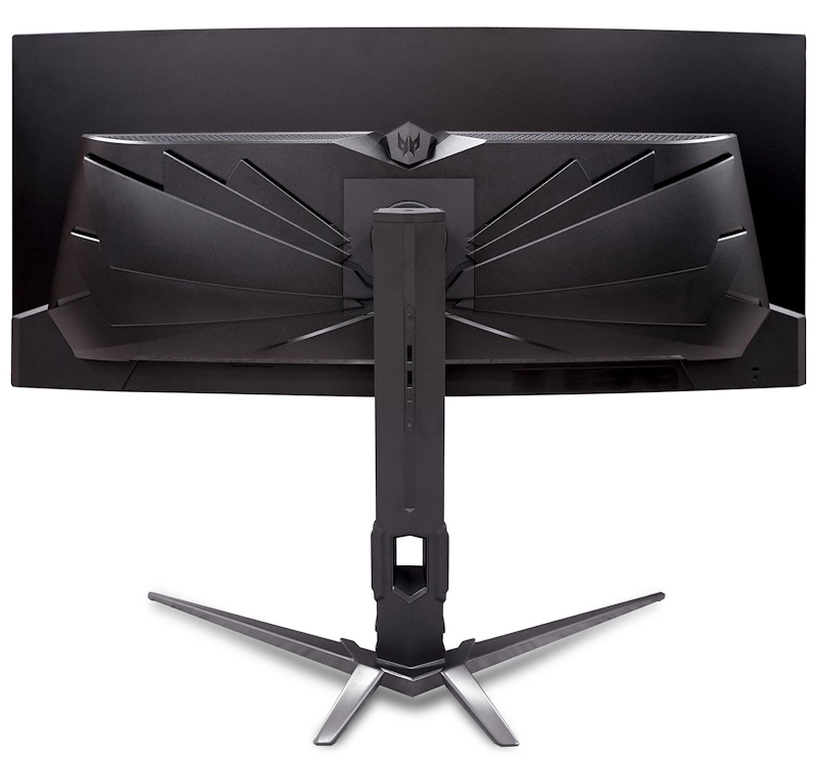 Widok z tyłu czarnego monitora. Ma podstawę ze srebrnymi nogami i czarny korpus z logo.