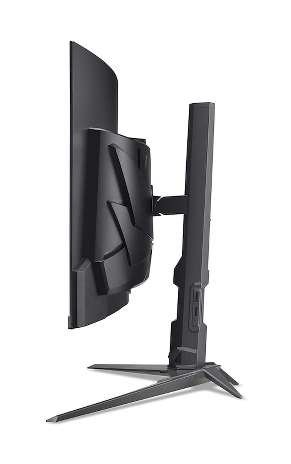 Widok z boku czarnego monitora komputera. Ma podstawę z dwiema nogami. Ekran jest duży i ciemny.