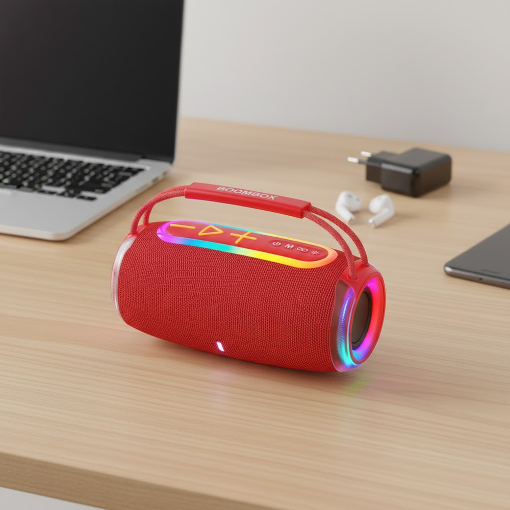 Kırmızı bir boombox hoparlör, ahşap bir masanın üzerinde duruyor. Bir dizüstü bilgisayar, kulaklık ve bir telefon da var.