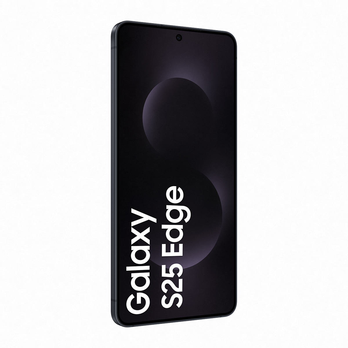 Siyah ekranlı bir akıllı telefon 'Galaxy S25 Edge' yazısını beyaz metinle gösteriyor. Telefon siyah, beyaz zemin üzerinde.