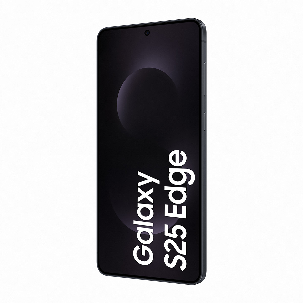Beyaz arka plan üzerinde açılı duran, Galaxy S25 Edge, koyu renkli bir akıllı telefon. Ekranda açık renkli bir daire ile karanlık bir tasarım.