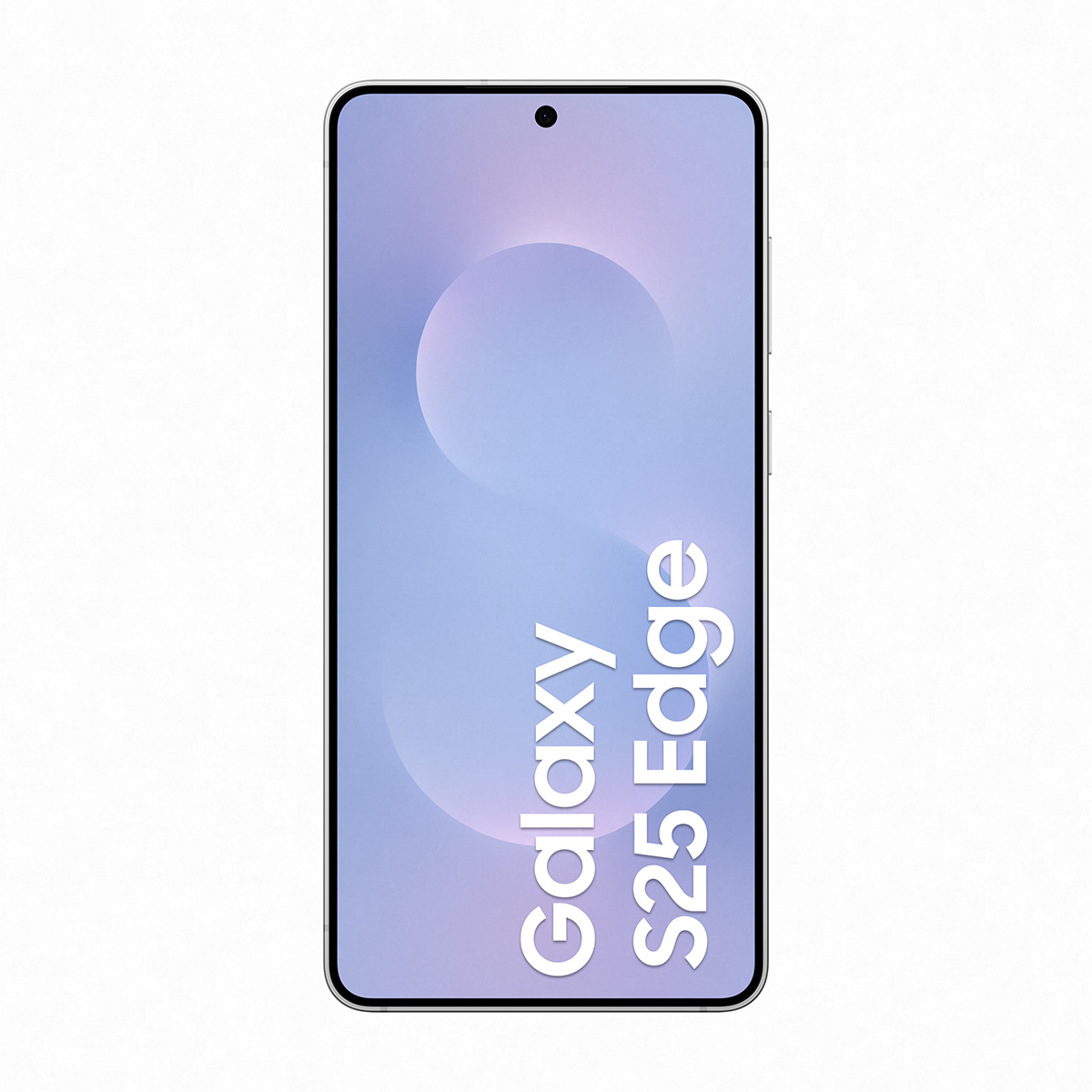Beyaz bir daire, 'Galaxy S25 Edge' yazısı ve bir kamera gösteren bir ekranı olan bir akıllı telefon. Arka plan beyaz.