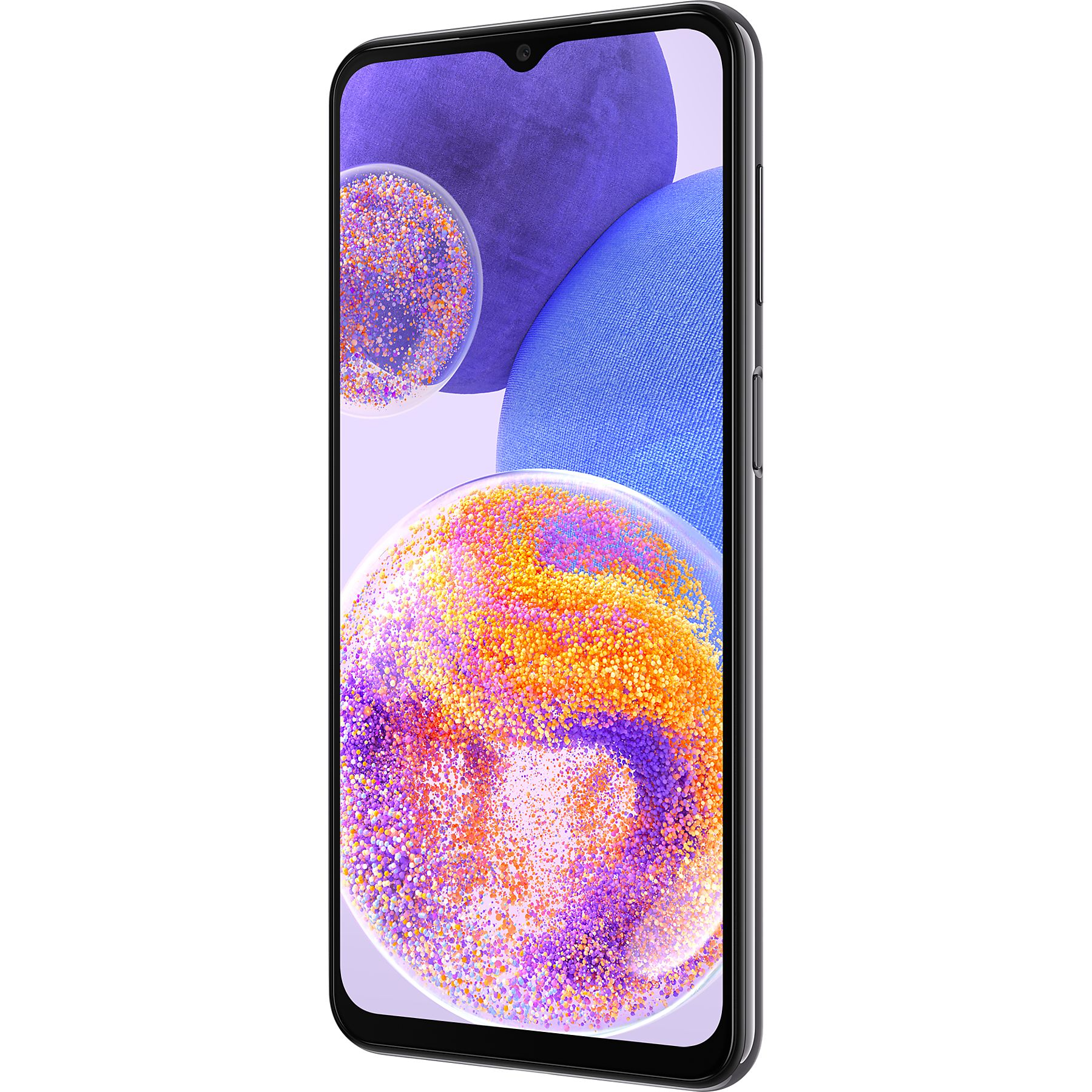 Siyah çerçeveli bir akıllı telefon, açık mor arka plan üzerinde renkli soyut toplar sergiliyor.