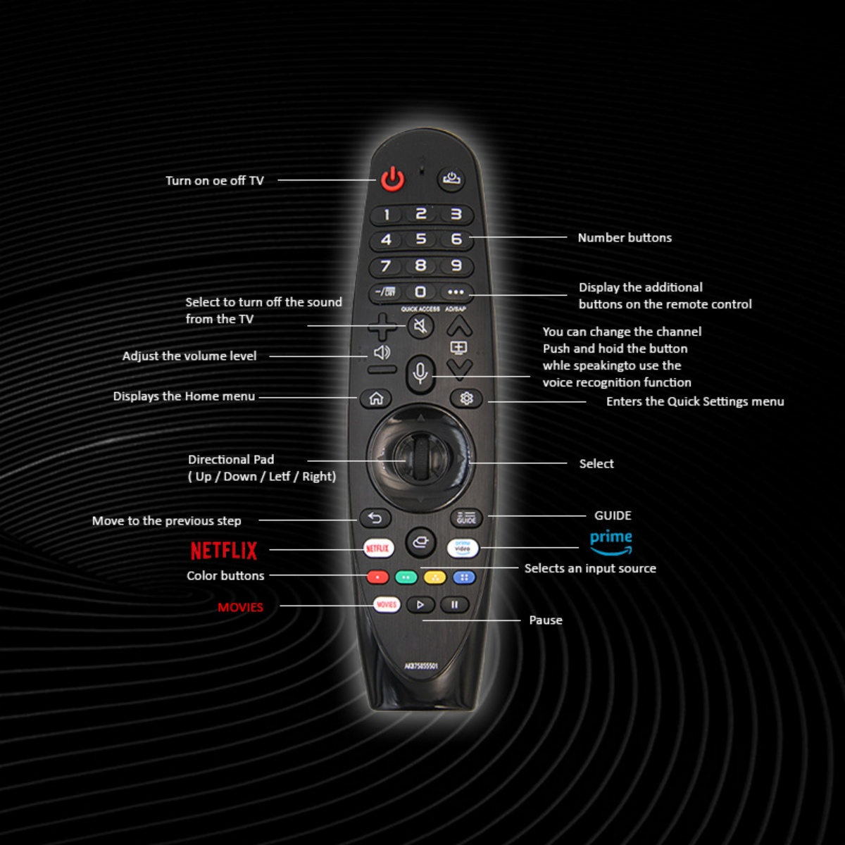 Schwarze LG-Fernbedienung mit Tasten für Strom, Lautstärke, Nummern, Netflix und andere Funktionen, beschriftet und angeordnet.