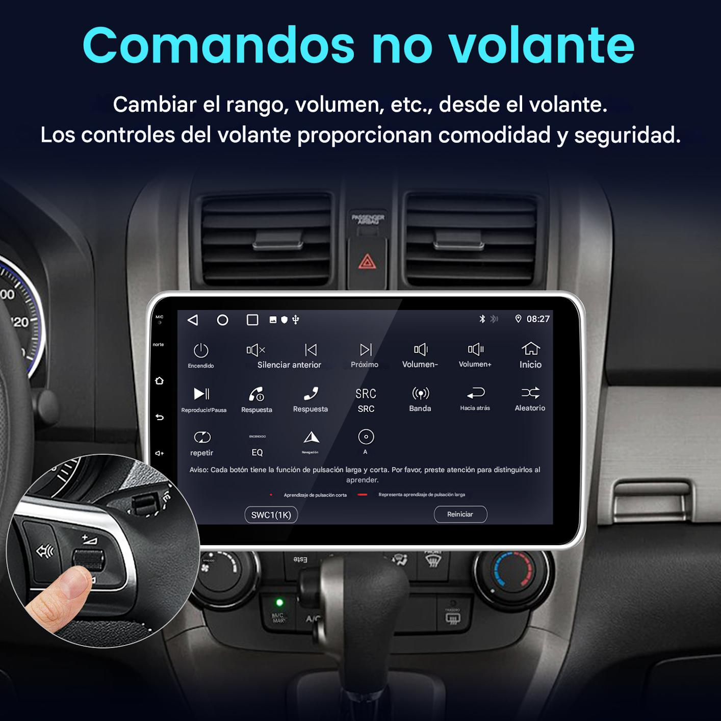 Interior de coche con pantalla táctil mostrando opciones de control. Una mano presiona un botón en el volante.