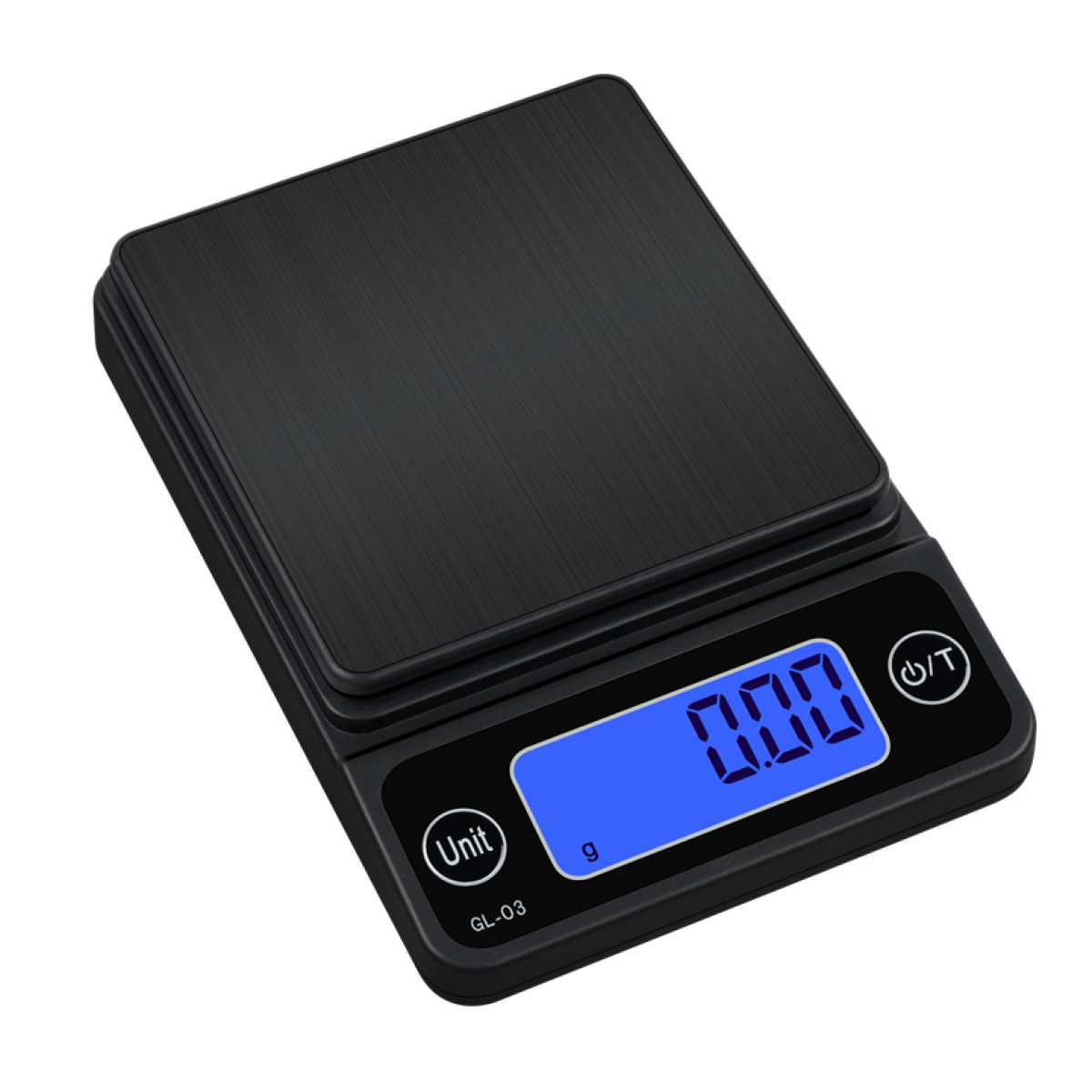 Czarna cyfrowa waga kuchenna, pokazująca 0,00 na niebieskim wyświetlaczu. Posiada przyciski jednostki i włączania/wyłączania.